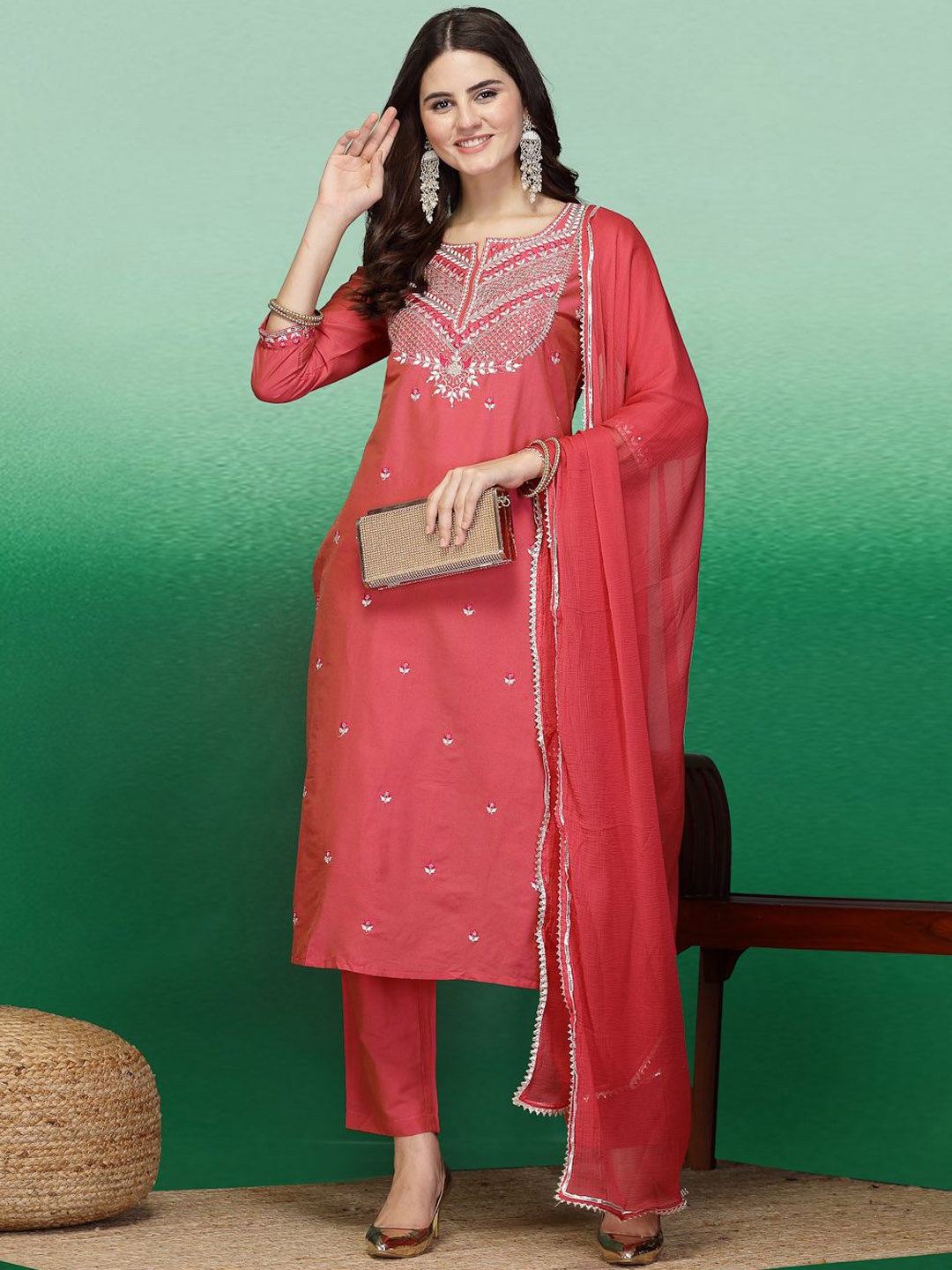 

Sangria Embroidered Straight Kurta With Trouser & Dupatta, Peach