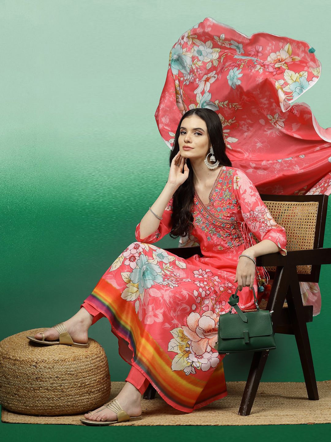 

Sangria Printed Flared Anarkali Kurta & Trouser With Printed Dupatta, Pink