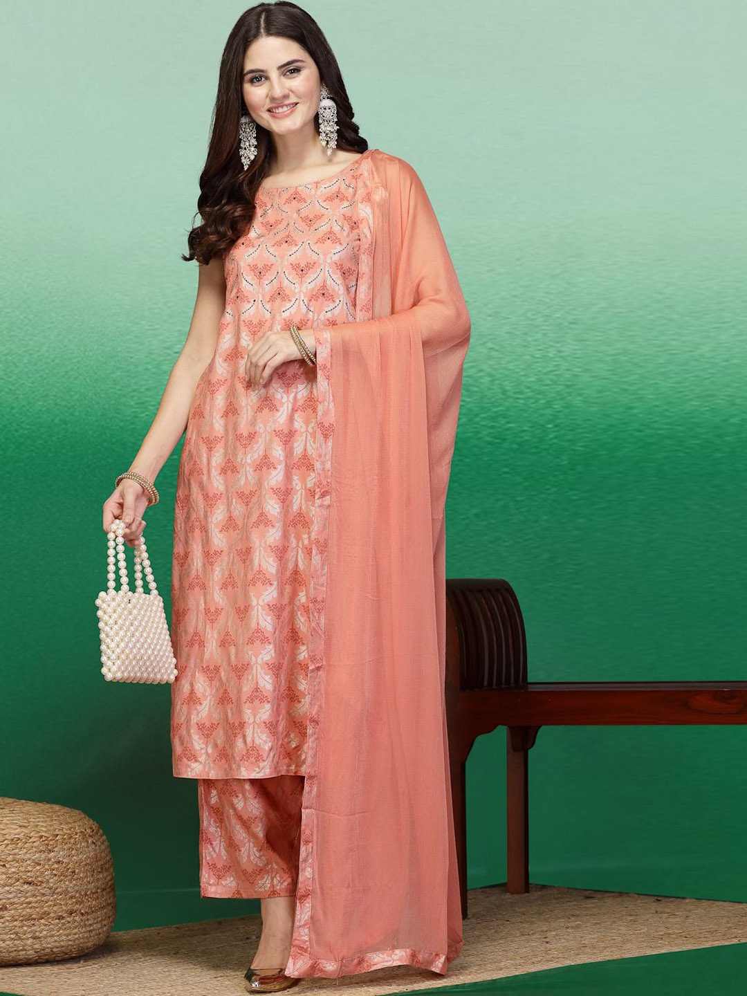 

Sangria Round Neck Printed Straight Kurta With Trousers & Dupatta, Peach