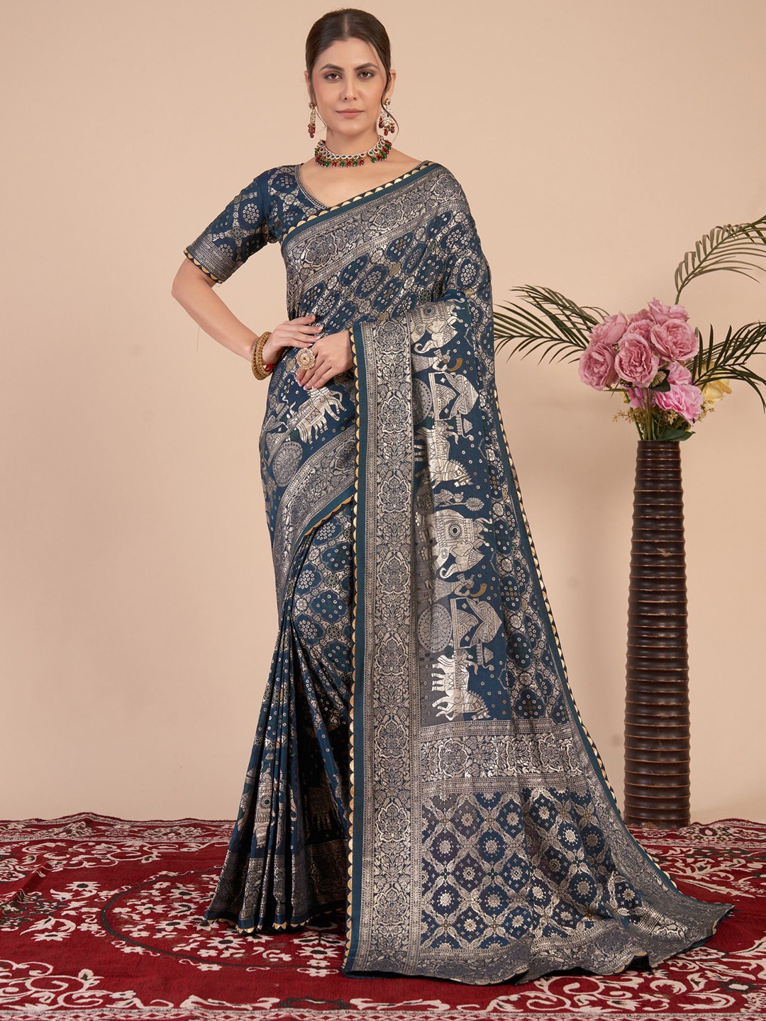

SHRI MAHAVEER RAJASTHANI SAREE Ethnic Motifs Woven Design Zari Banarasi Saree, Blue