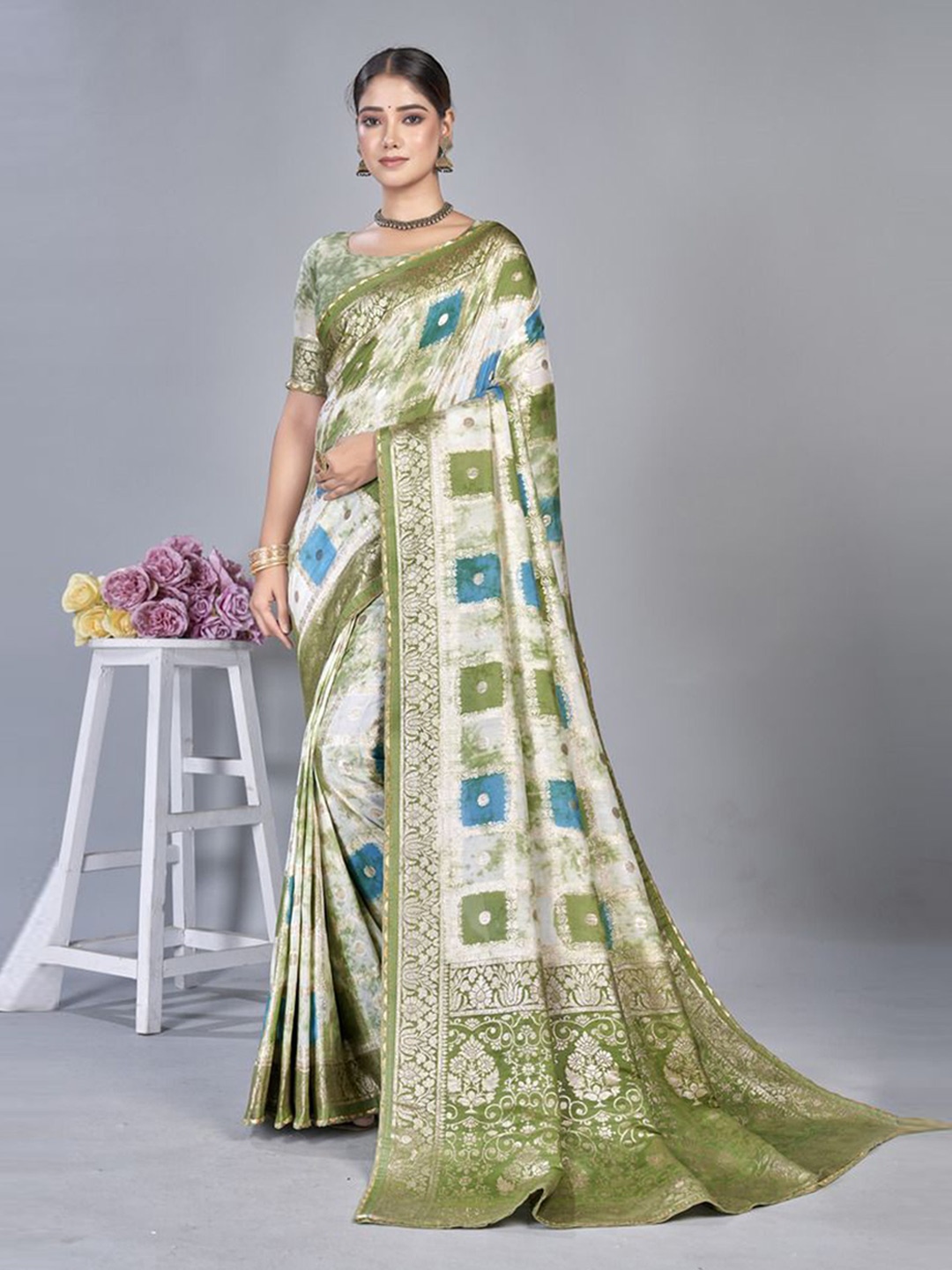 

SHRI MAHAVEER RAJASTHANI SAREE Banarasi Art Silk Woven Design Zari Traditional Saree, Green