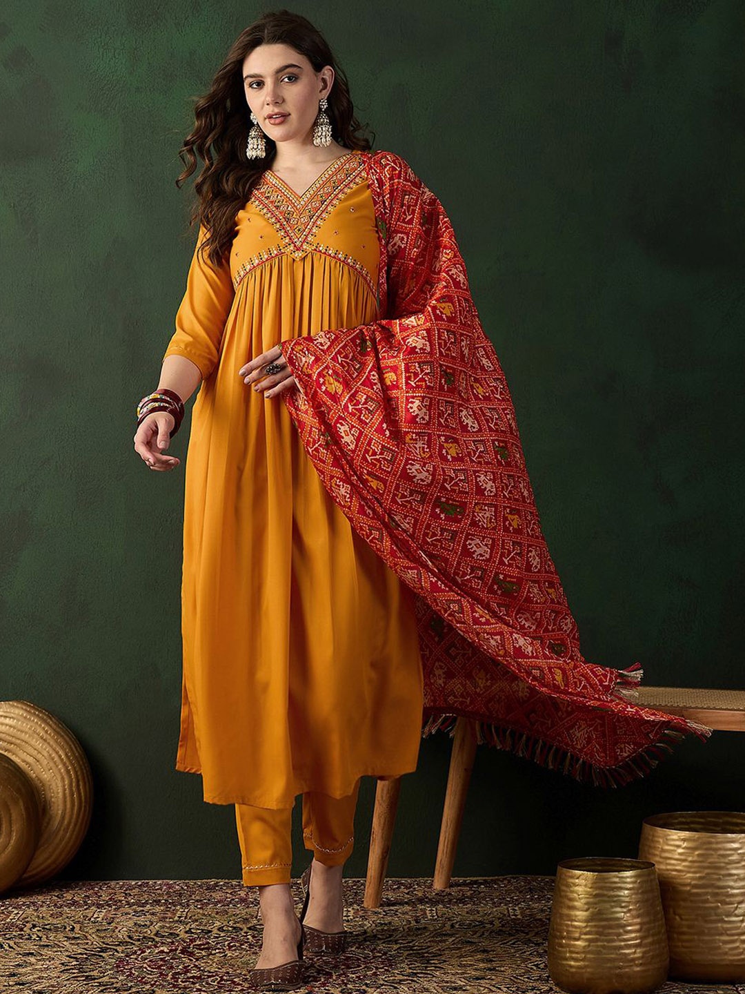 

Sangria V Neck Embroidered A-Line Kurta With Trouser & Dupatta, Mustard