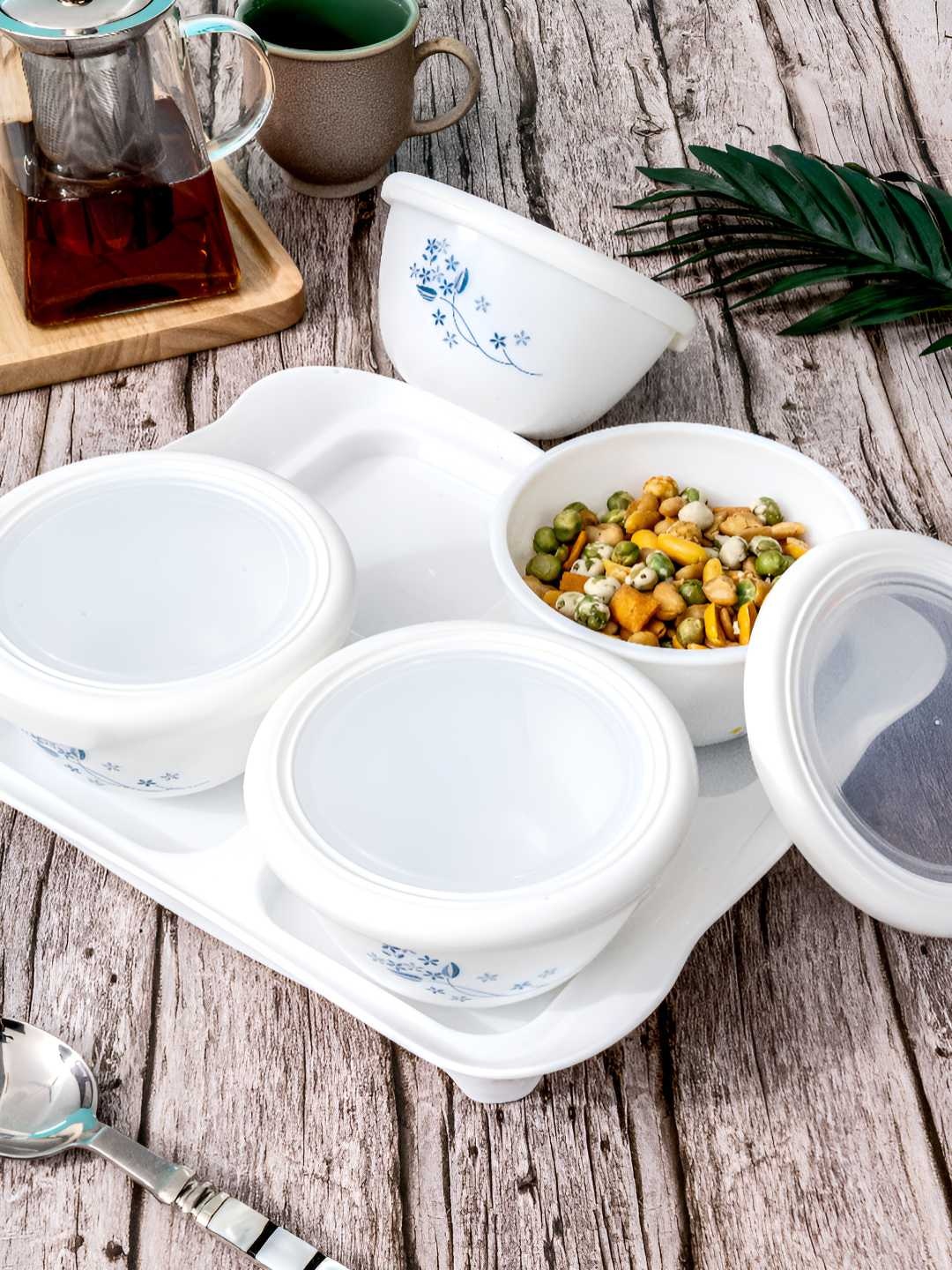 

Cello White Opal Glass 9 Pieces Printed Storage Containers With Tray Set