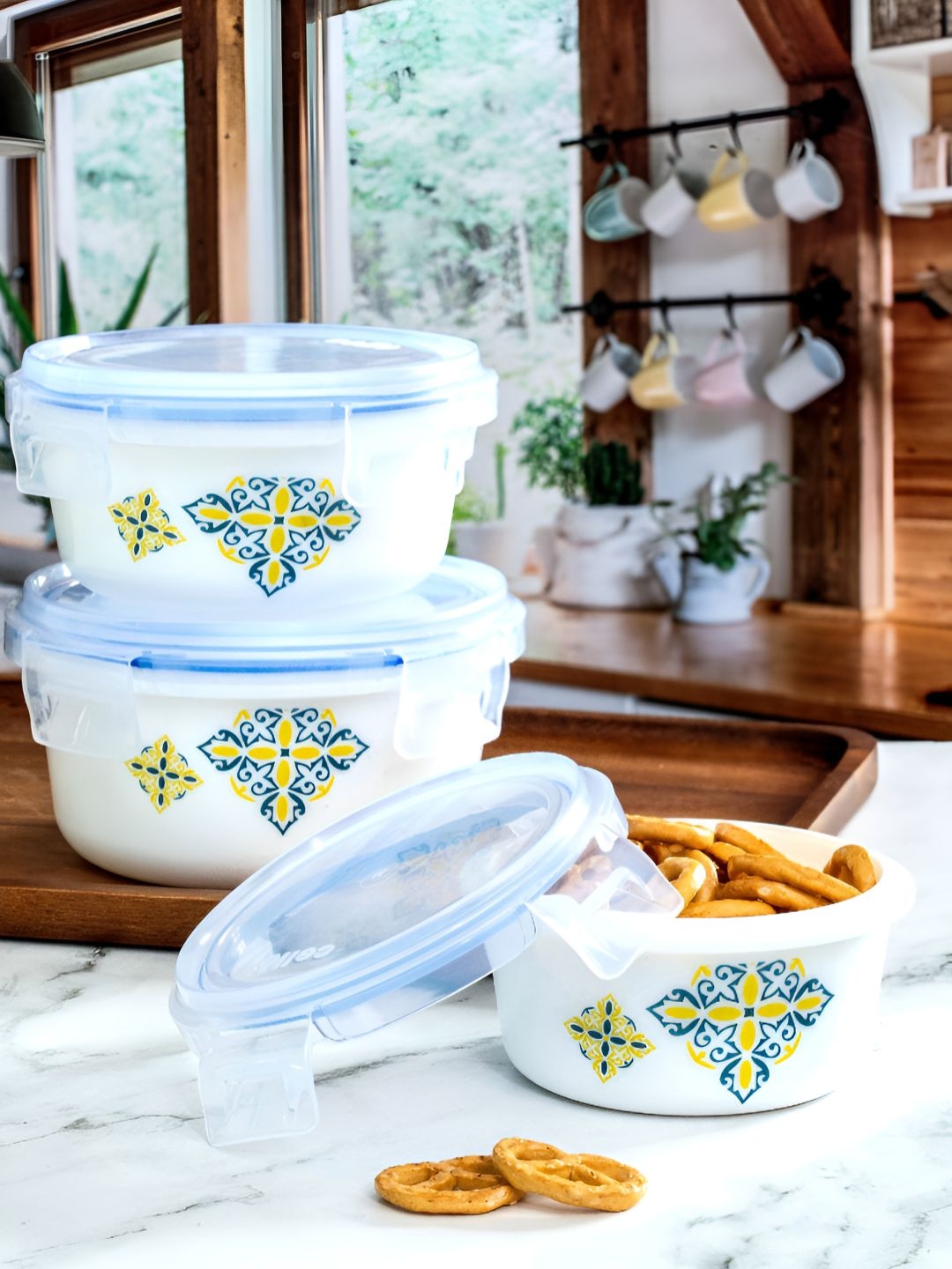 

Cello White & Blue Opal Glass 3 Pieces Printed Storage Container Set