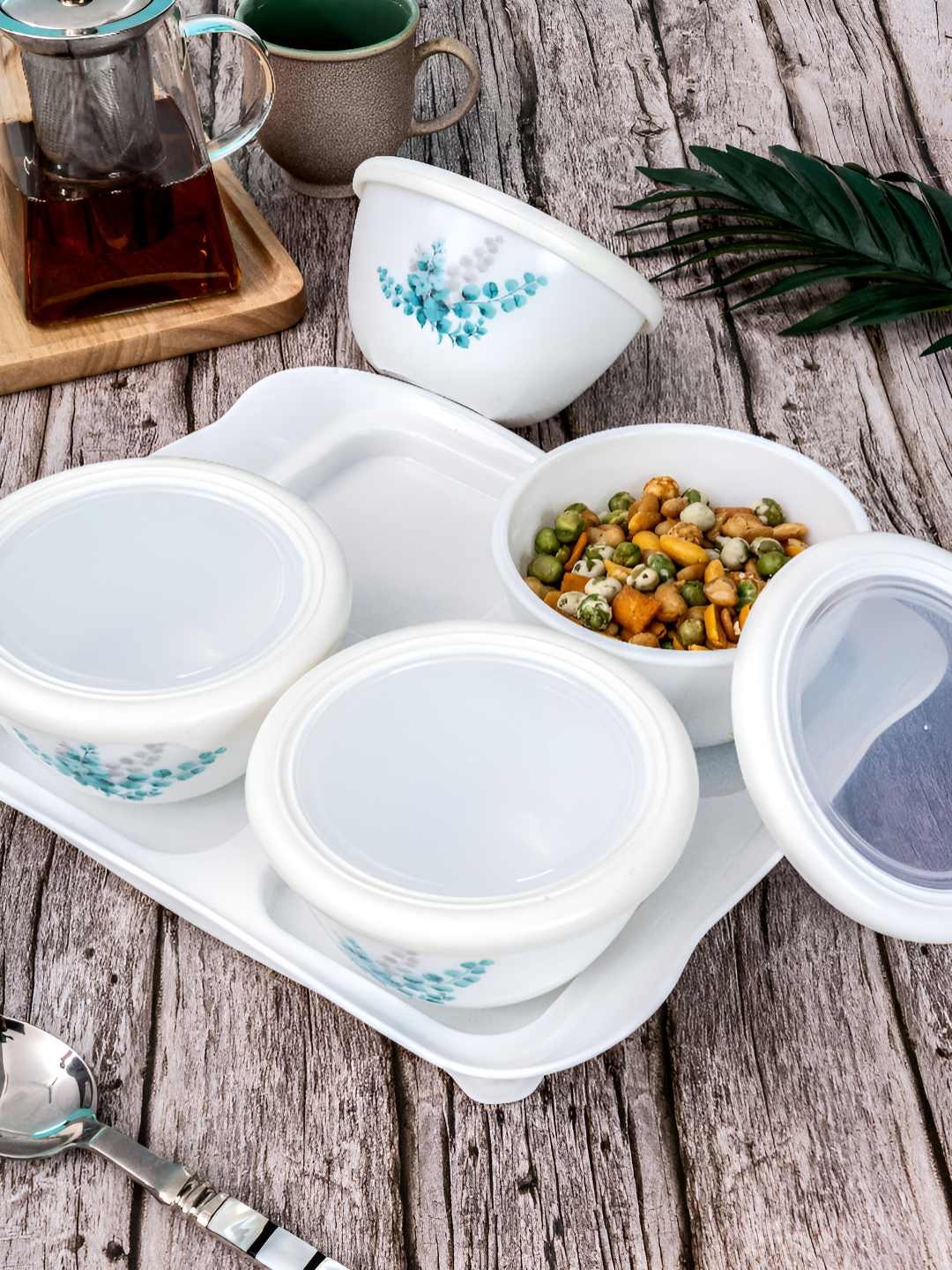 

Cello White & Teal Green 4 Pieces Floral Printed Storage Containers With Lid & Tray