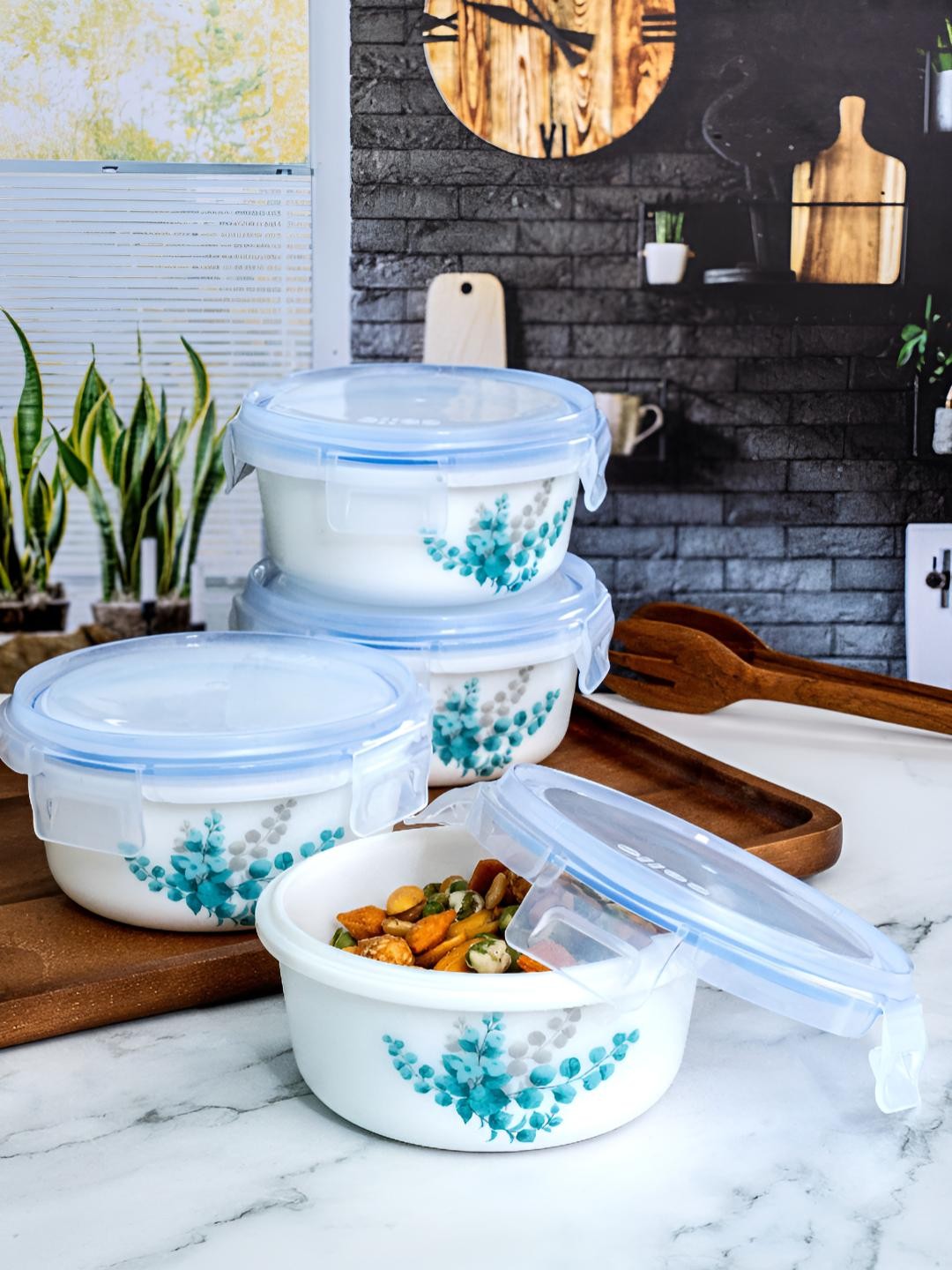 

Cello White & Green Opal Glass 4 Pieces Printed Storage Container Set With Lid