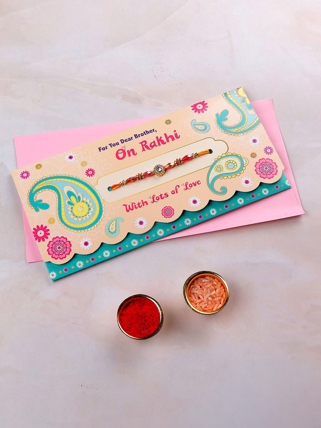 

Archies Set Of 2 Beaded Rakhi Mailer With Roli Chawal, Gold