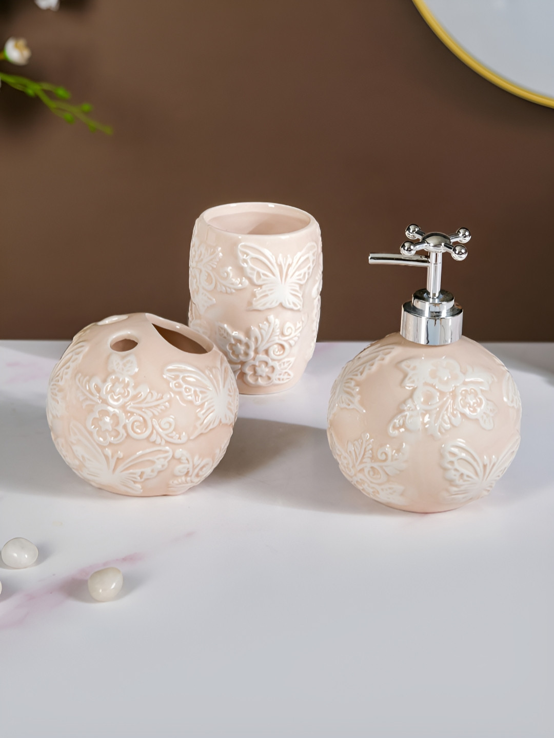 

Nestasia Beige & Silver-Toned 3 Pieces Textured Ceramic Bath Accessories Set