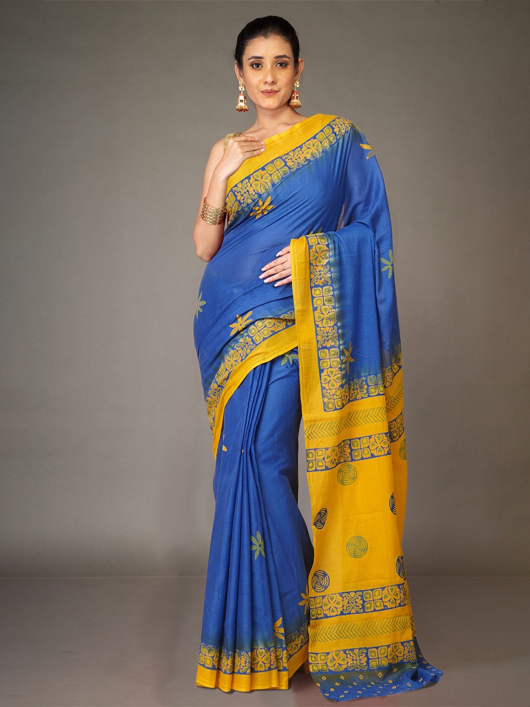 

Unnati Silks Ethnic Motifs Pure Cotton Block Print Saree, Blue