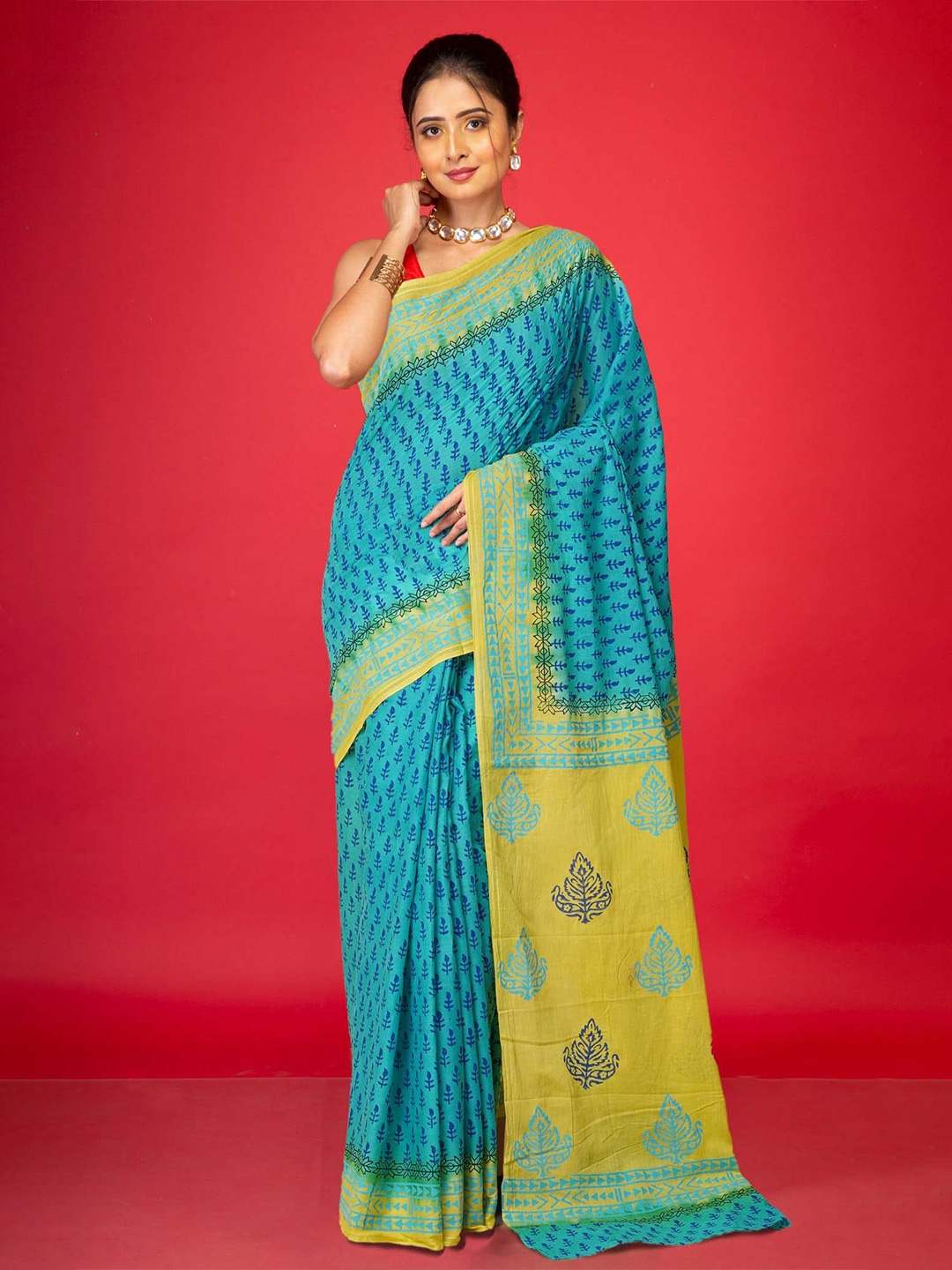 

Unnati Silks Ethnic Motifs Pure Cotton Handloom Block Print Saree, Turquoise blue