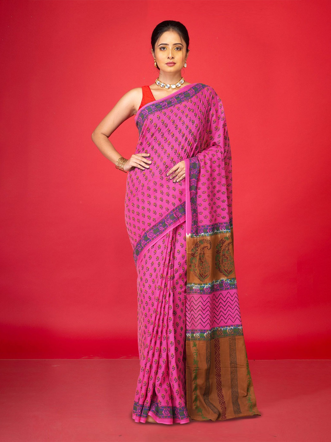 

Unnati Silks Ethnic Motifs Pure Cotton Handloom Block Print Saree, Pink