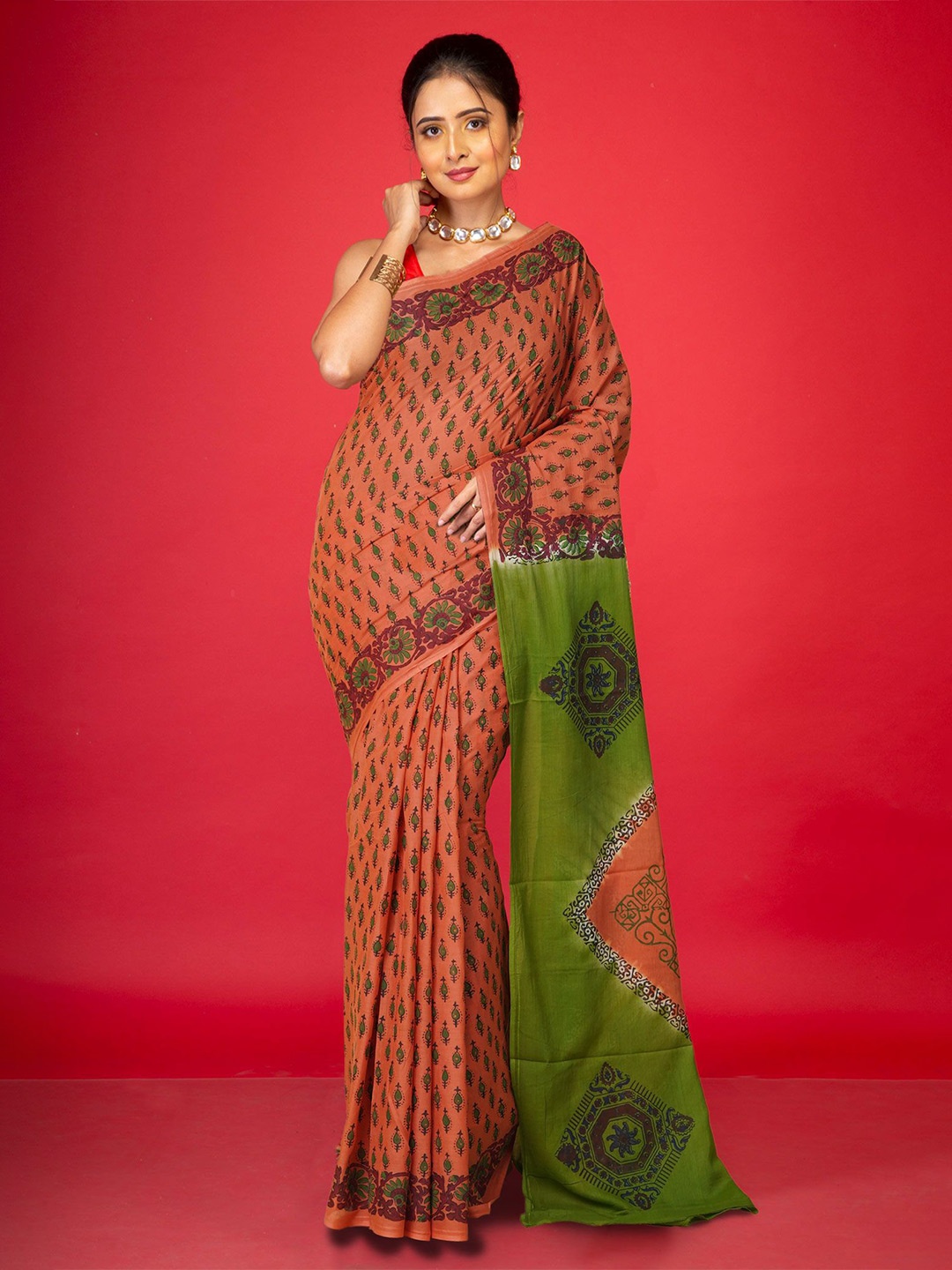 

Unnati Silks Block Printed Pure Cotton Handloom Saree, Orange