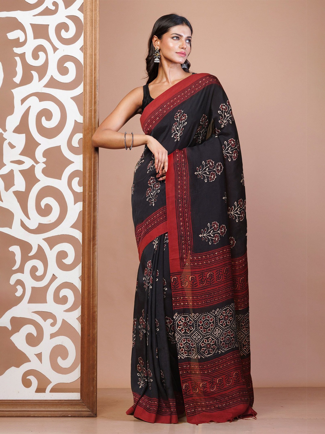 

Unnati Silks Ajrak Block Handloom Chanderi Saree, Black