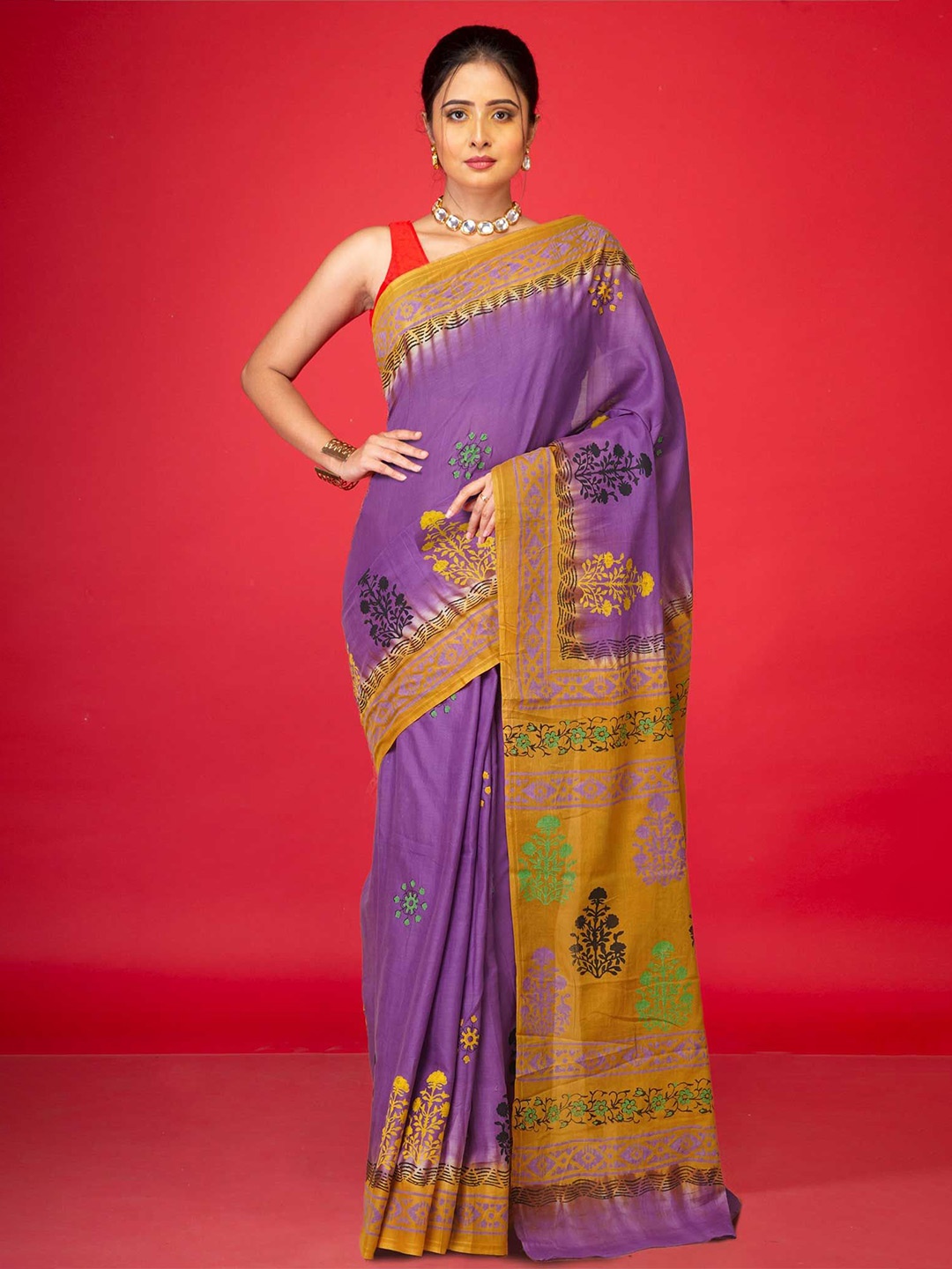 

Unnati Silks Ethnic Motifs Pure Cotton Handloom Block Print Saree, Purple