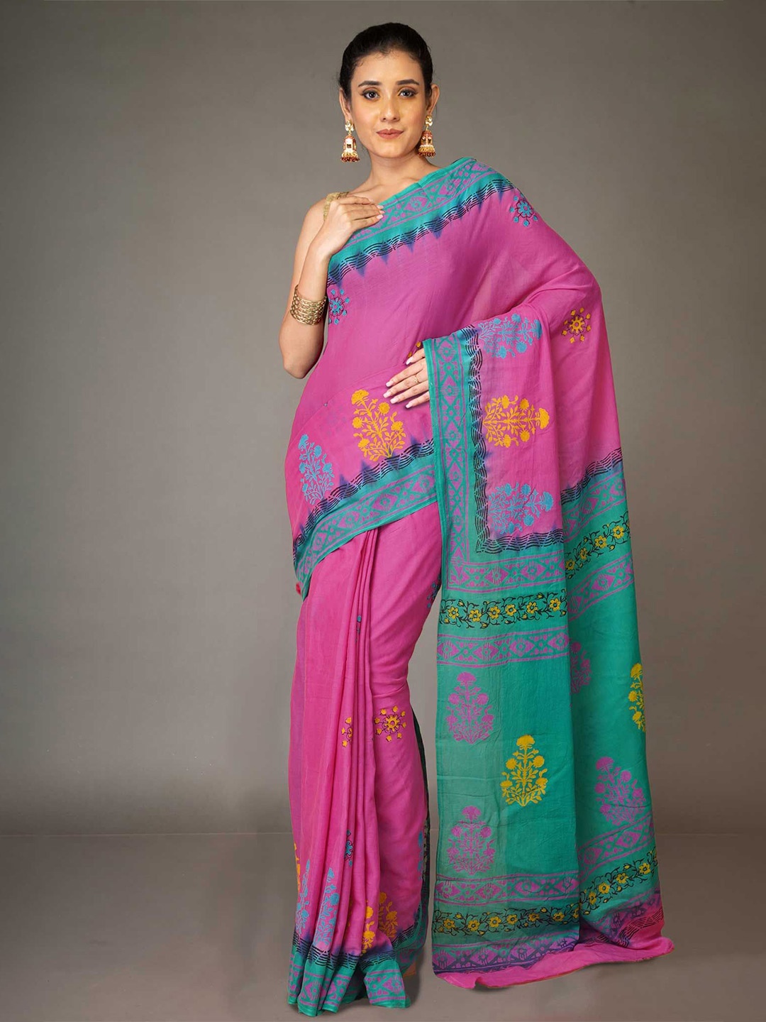 

Unnati Silks Ethnic Motifs Pure Cotton Handloom Block Print Saree, Pink