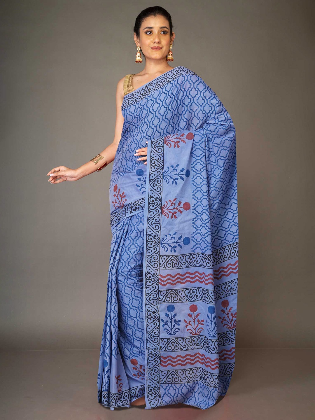 

Unnati Silks Block Printed Pure Cotton Handloom Saree, Blue