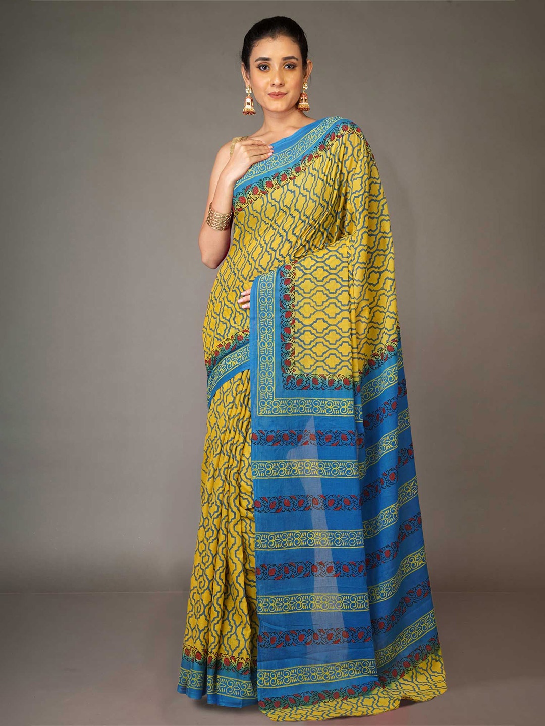

Unnati Silks Pure Cotton Handloom Block Print Saree, Yellow