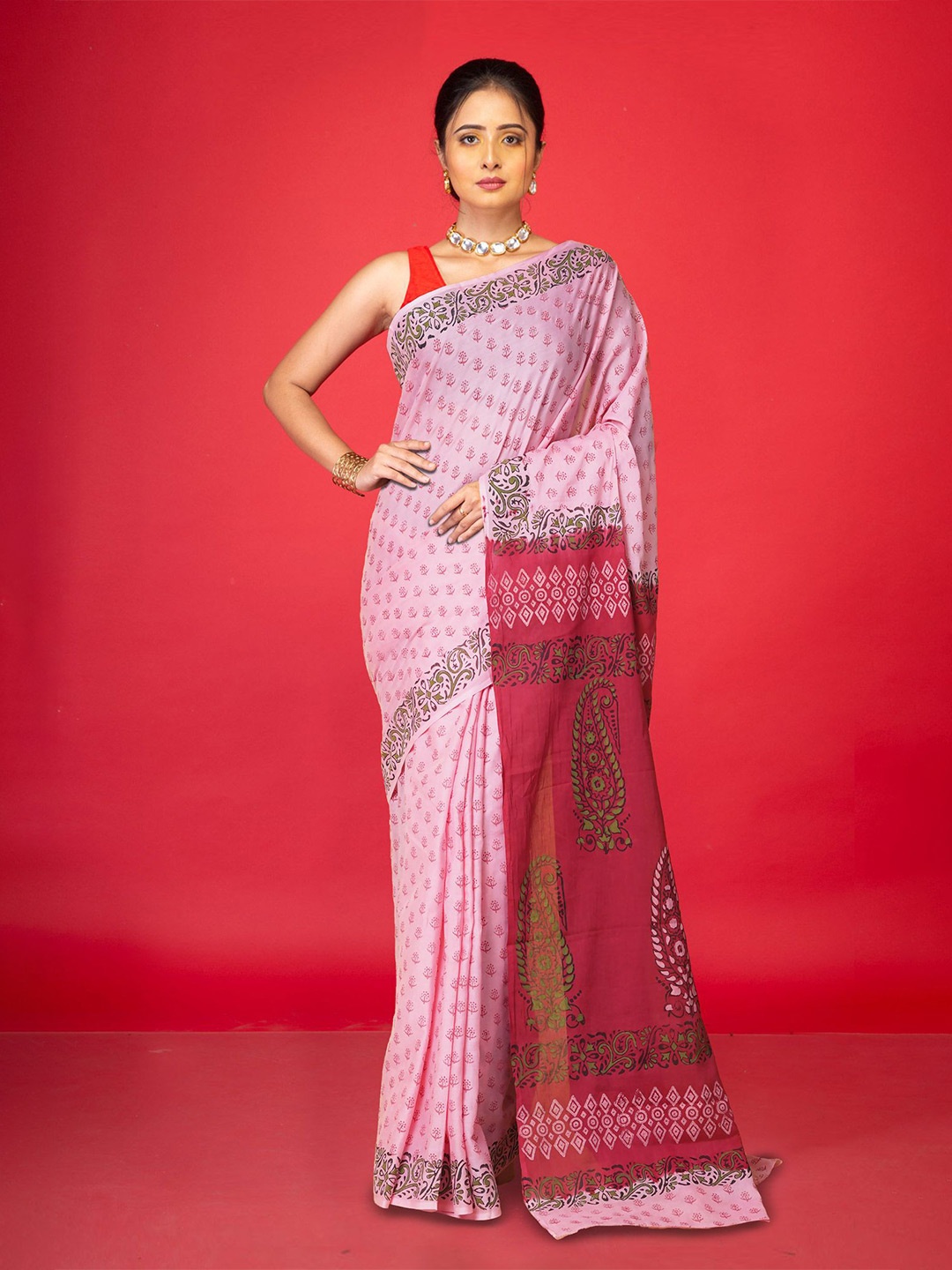 

Unnati Silks Ethnic Motifs Pure Cotton Handloom Block Print Saree, Pink