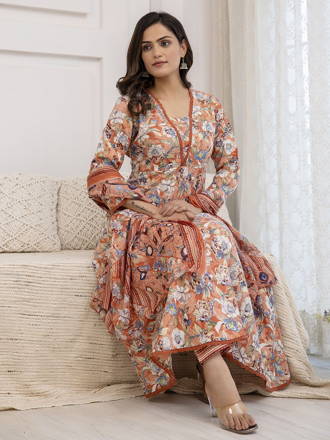 

Nayo Floral Printed Regular Anarkali Kurta With Trousers & With Dupatta, Peach