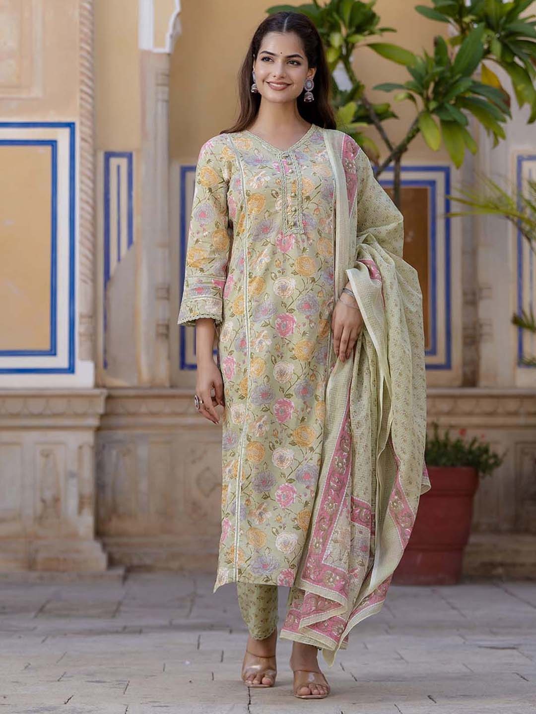 

Nayo Floral Printed Pure Cotton V-Neck Straight Kurta With Trousers & Dupatta, Green