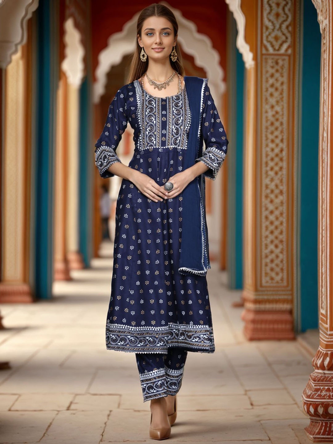 

KALINI Floral Printed Gotta Patti Anarkali Kurta with Trousers & With Dupatta, Navy blue