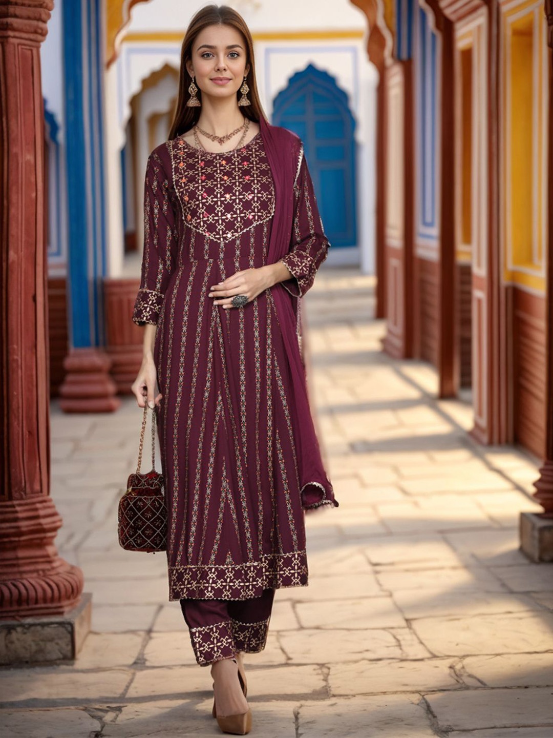 

KALINI Ethnic Motifs Printed Mirror Work Anarkali Kurta With Trouser & Dupatta, Brown