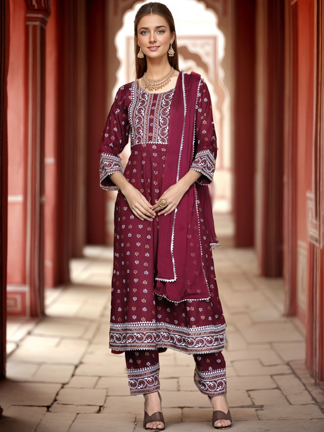 

KALINI Floral Printed Gotta Patti Anarkali Kurta with Trousers & With Dupatta, Brown