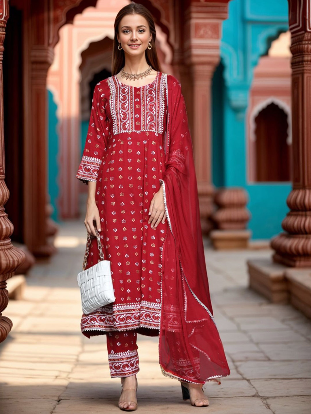 

KALINI Floral Printed Anarkali Kurta With Trousers & Dupatta, Red