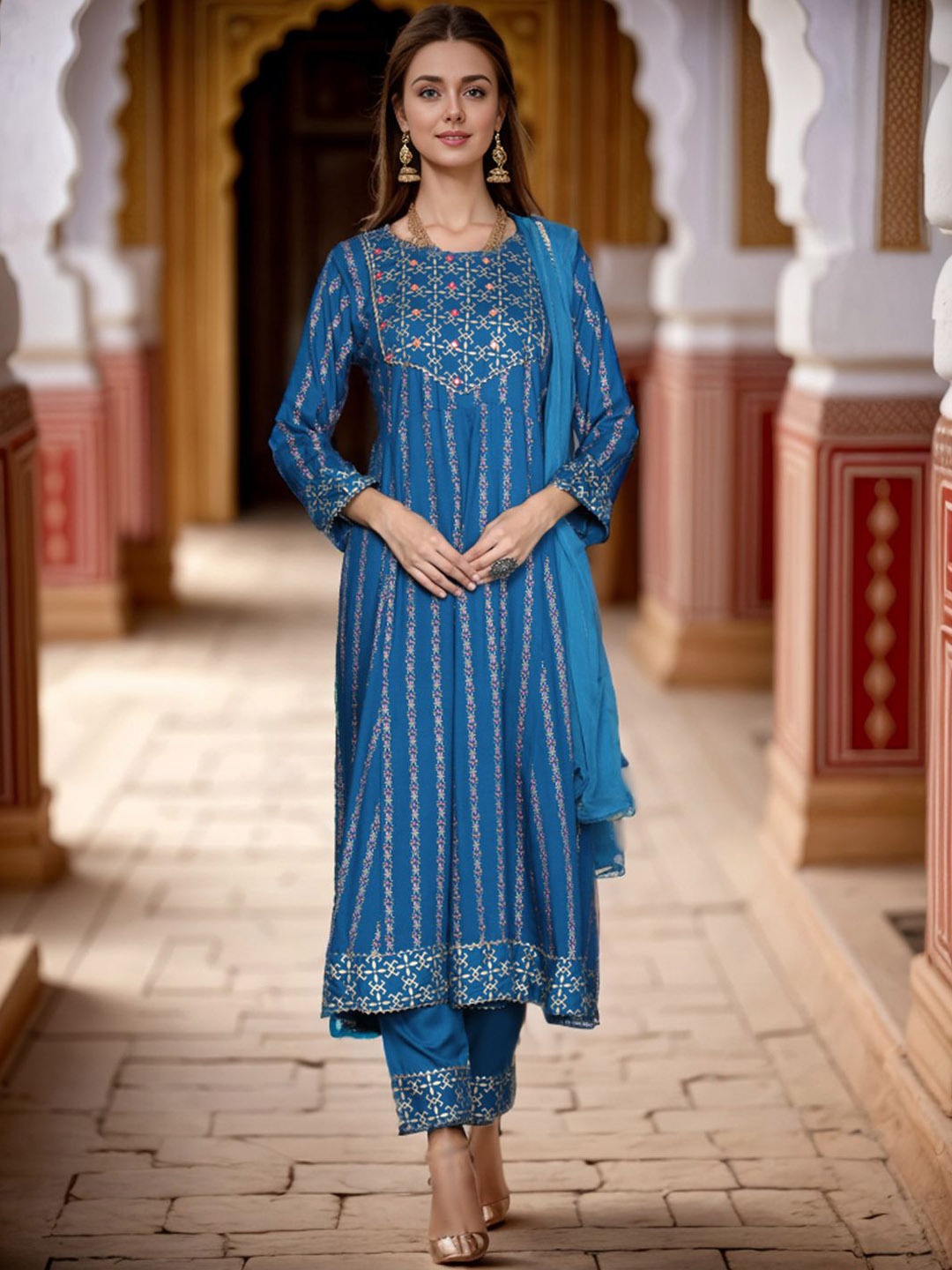 

KALINI Floral Printed Round Neck Anarkali Kurta With Trousers & Dupatta, Blue