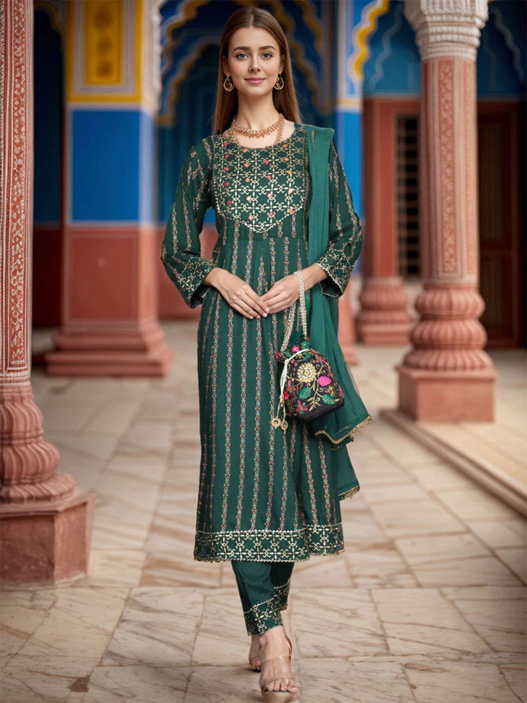 

KALINI Floral Printed Mirror Work Anarkali Kurta With Trouser & Dupatta, Green