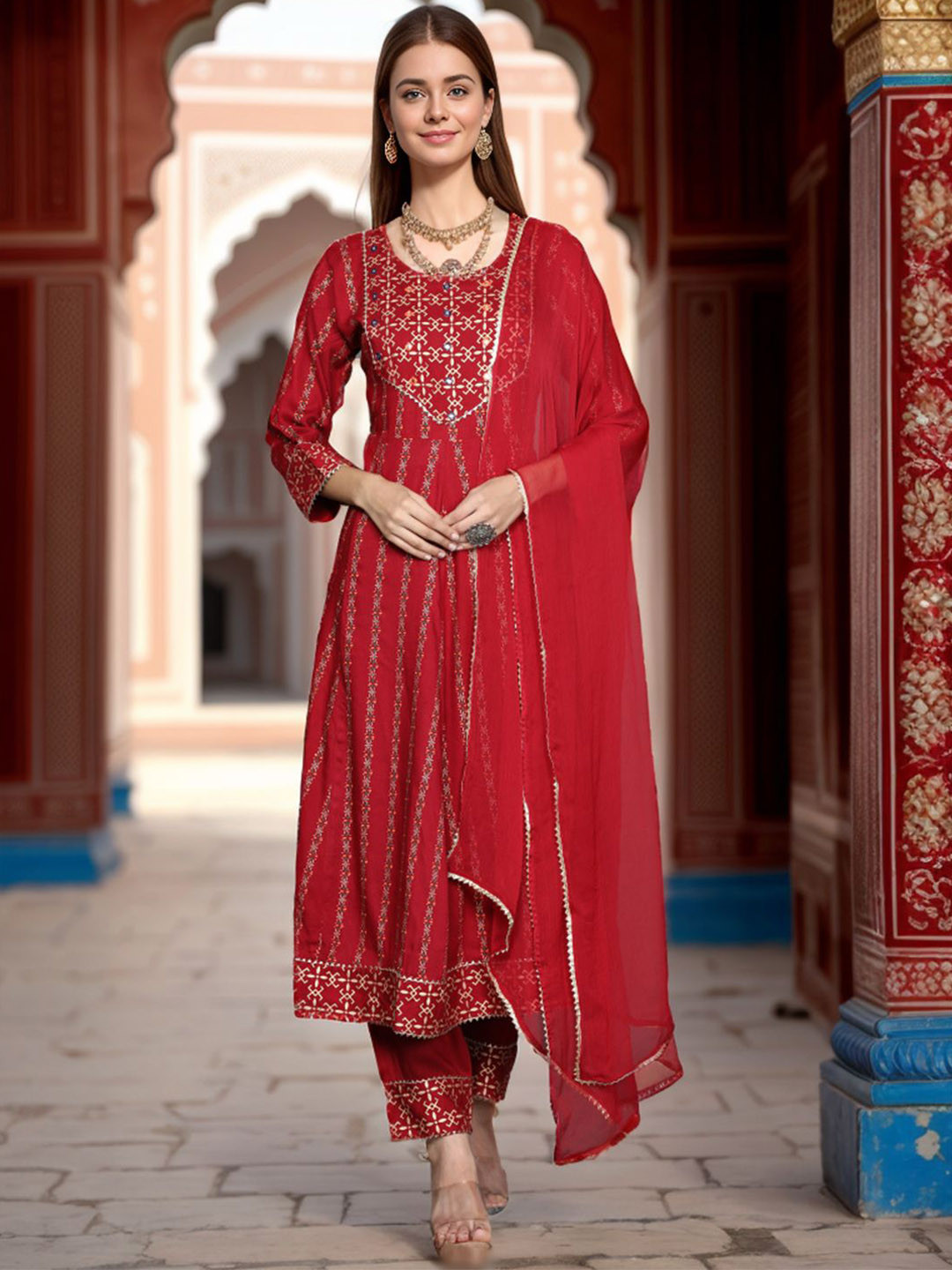 

KALINI Ethnic Motifs Printed Mirror Work Anarkali Kurta With Trousers & Dupatta, Red