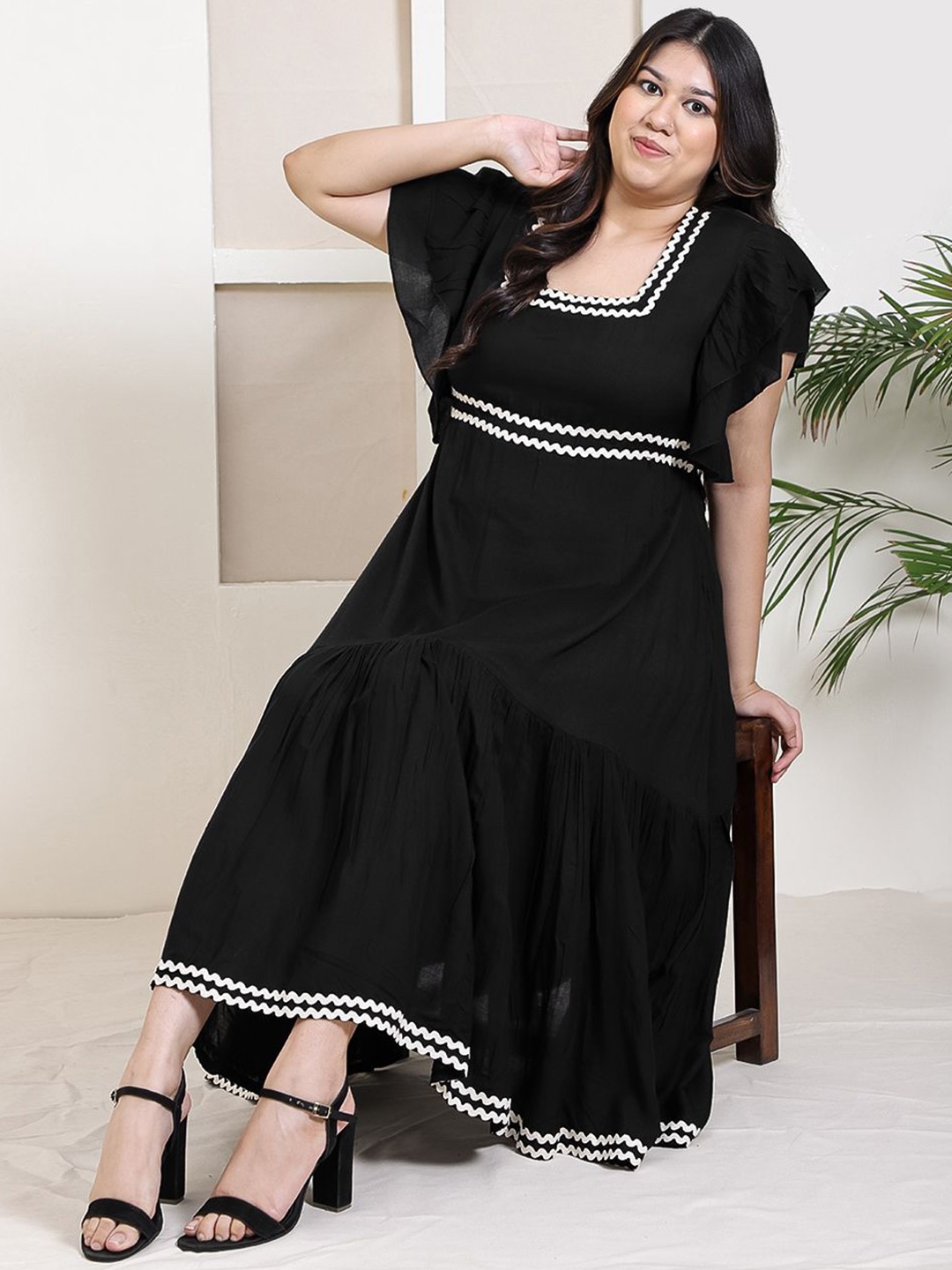 

DEEBACO Women Square Neck Flared Sleeves Maxi Midi Dress, Black