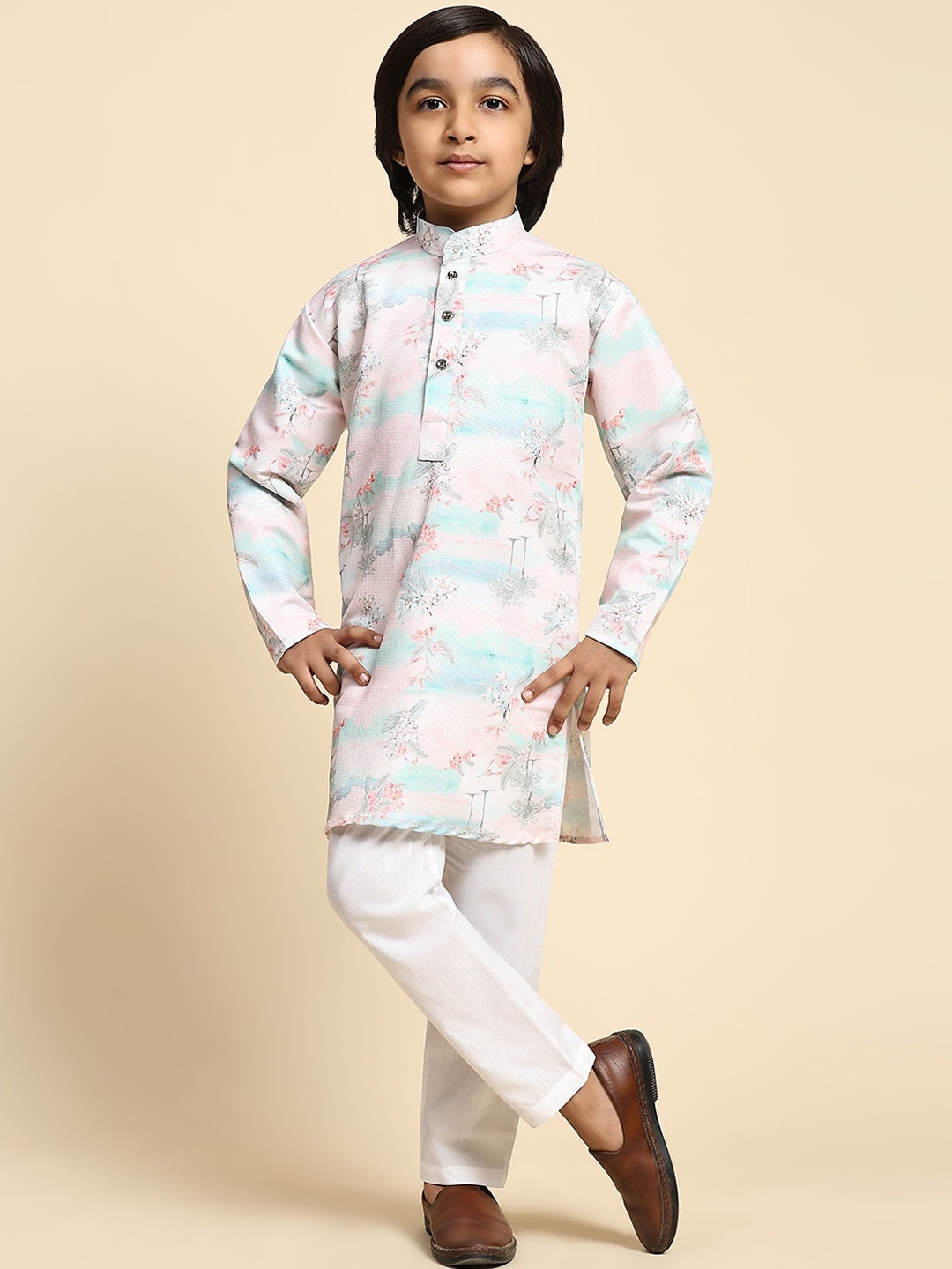 

Pro-Ethic STYLE DEVELOPER Boys Floral Printed Regular Pure Cotton Kurta with Pyjamas, Pink