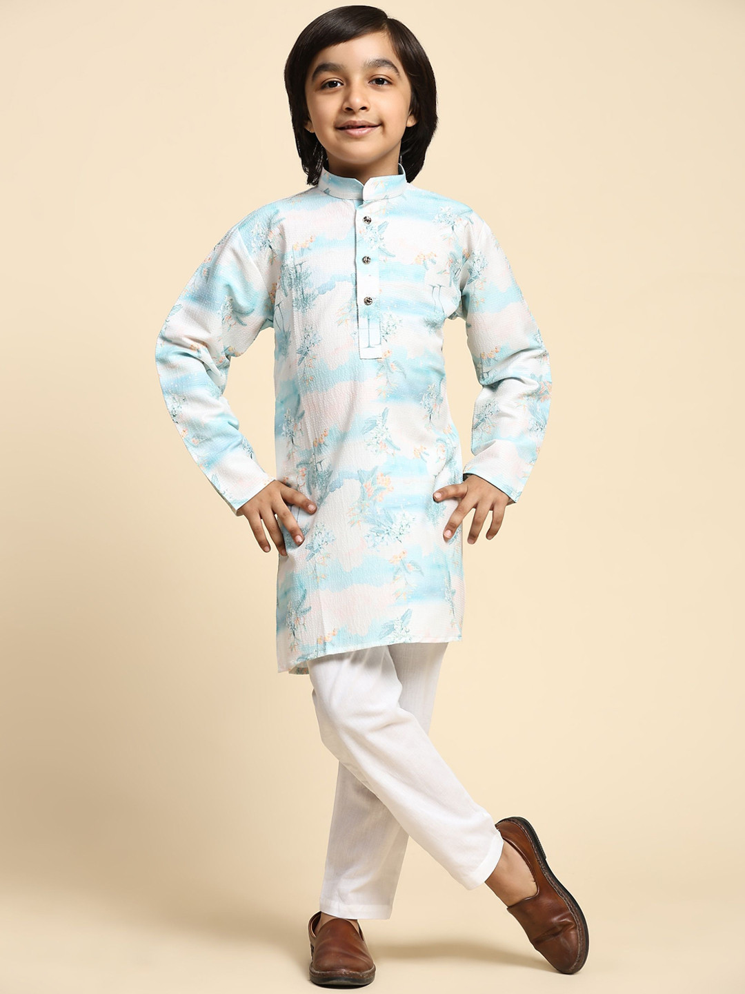 

Pro-Ethic STYLE DEVELOPER Boys Floral Printed Regular Pure Cotton Kurta with Pyjamas, Blue