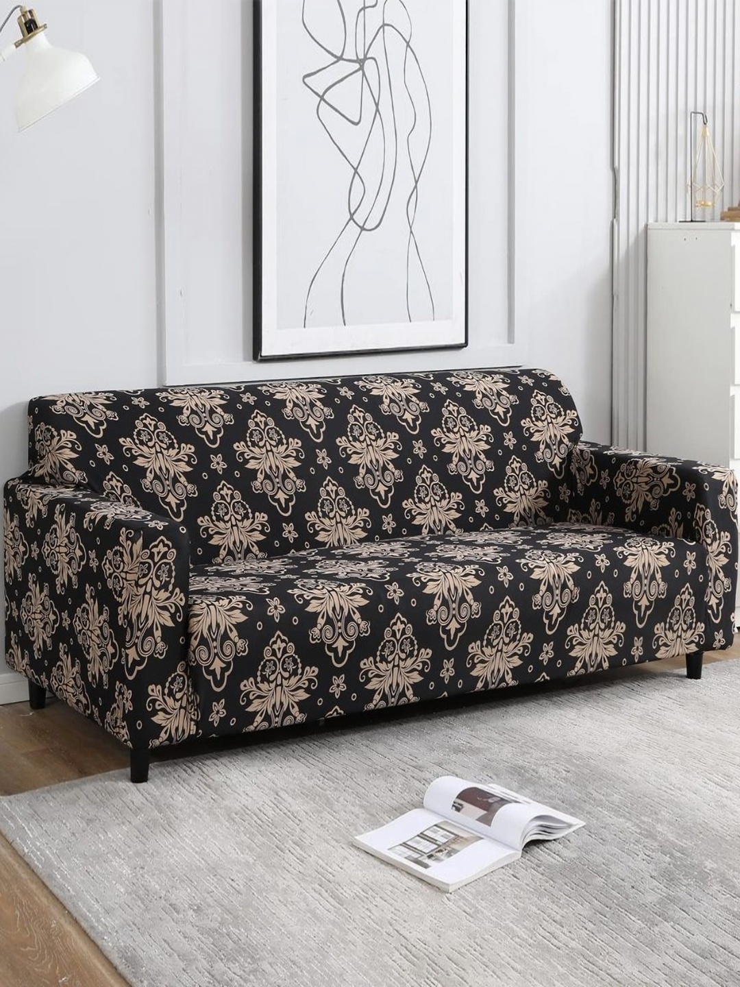 

Furshine Black & Brown Printed 3 Seater Sofa Cover With Arms