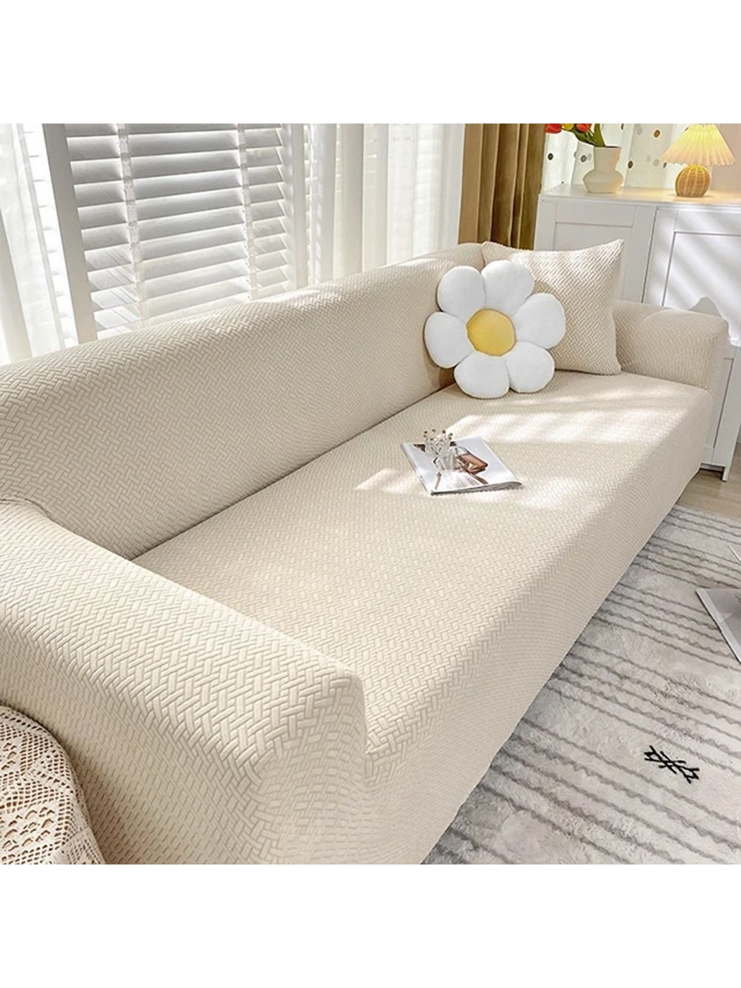

Furshine Cream Self Design 3 Seater Sofa Cover With Arms