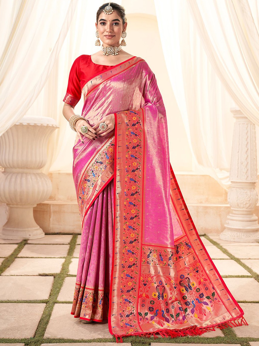 

Mitera Woven Design Zari Tissue Paithani Saree, Pink