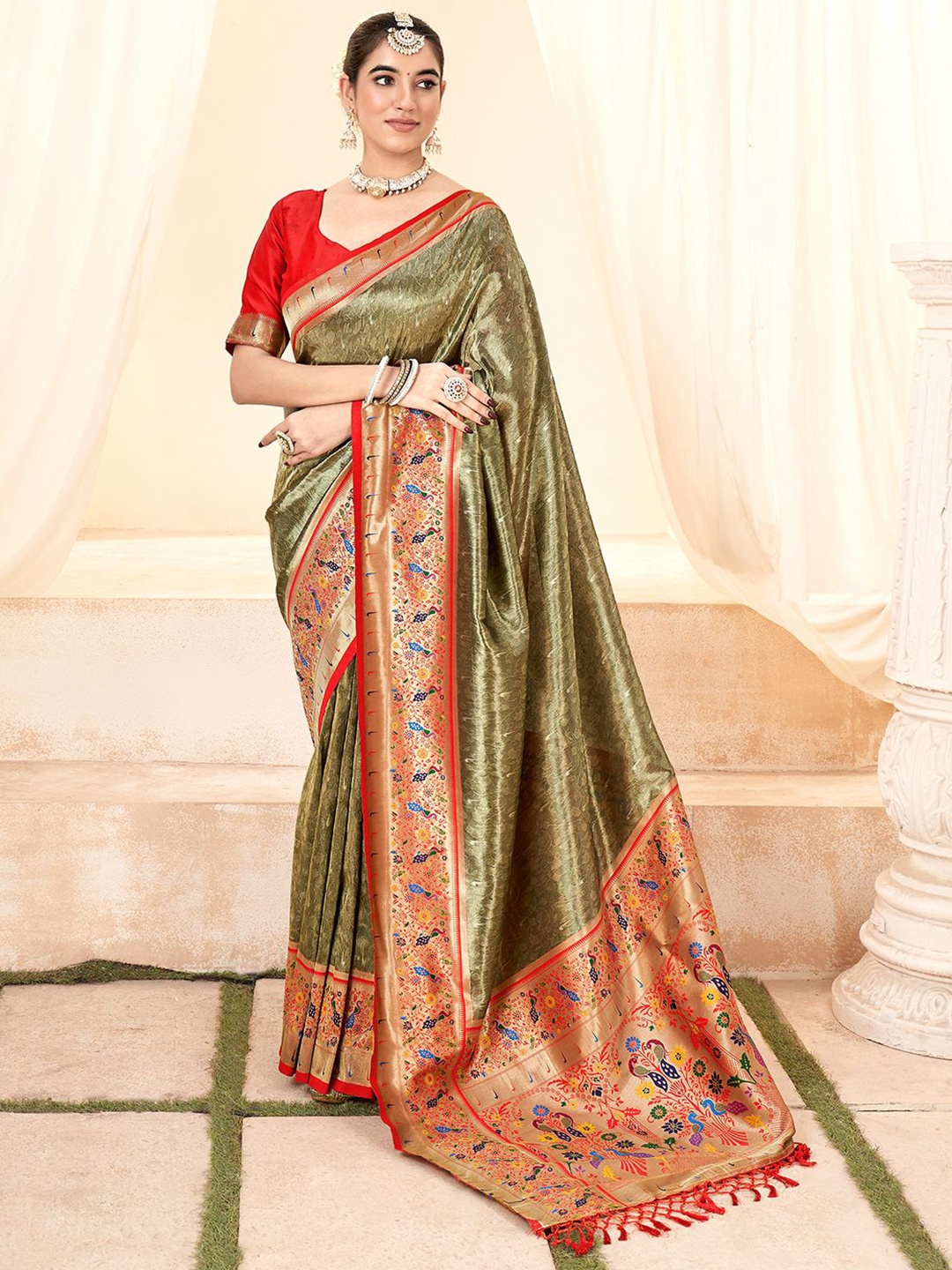 

Mitera Woven Design Zari Tissue Paithani Saree, Green