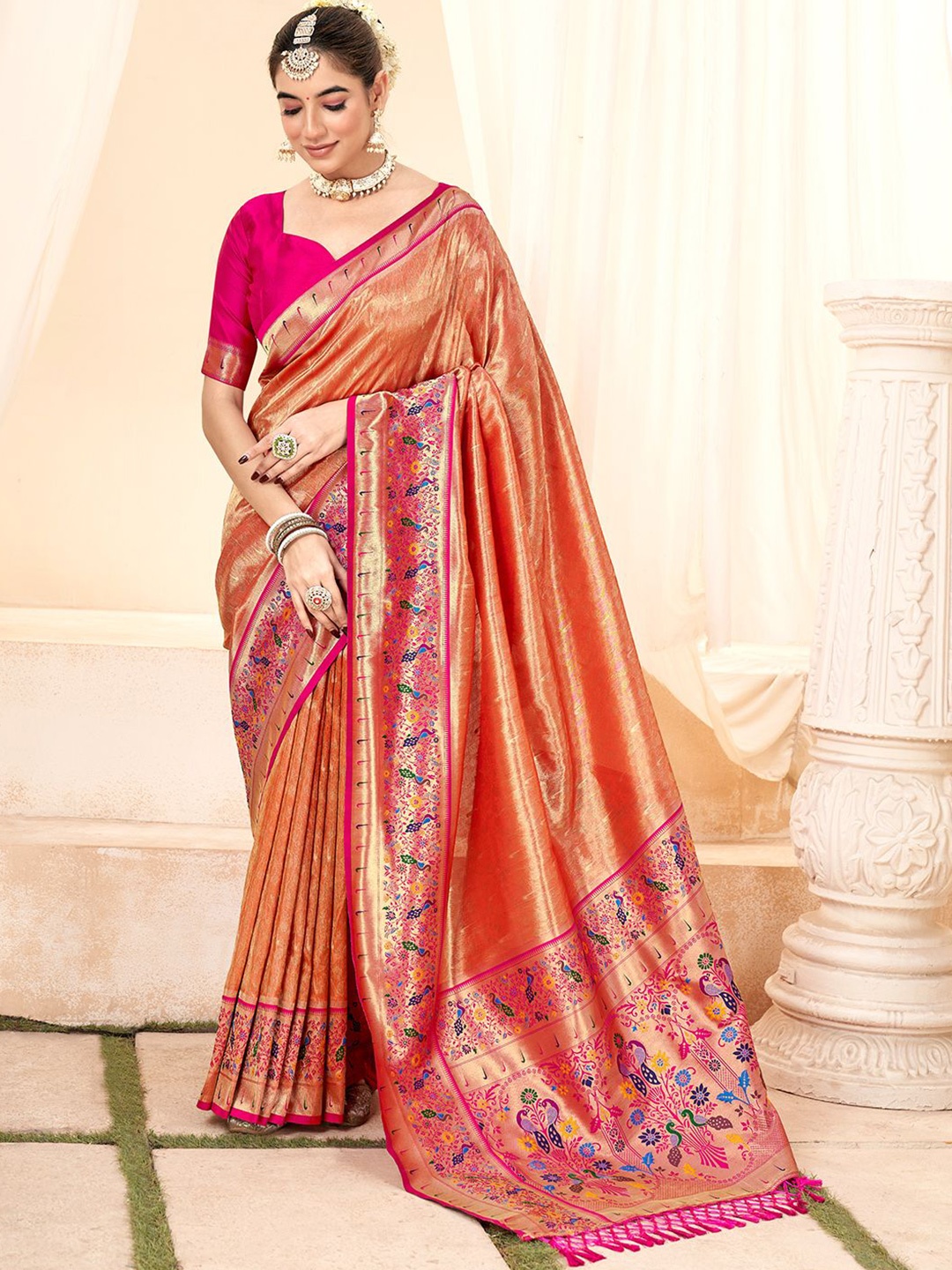 

Mitera Ethnic Motifs Zari Woven Tissue Paithani Saree, Orange