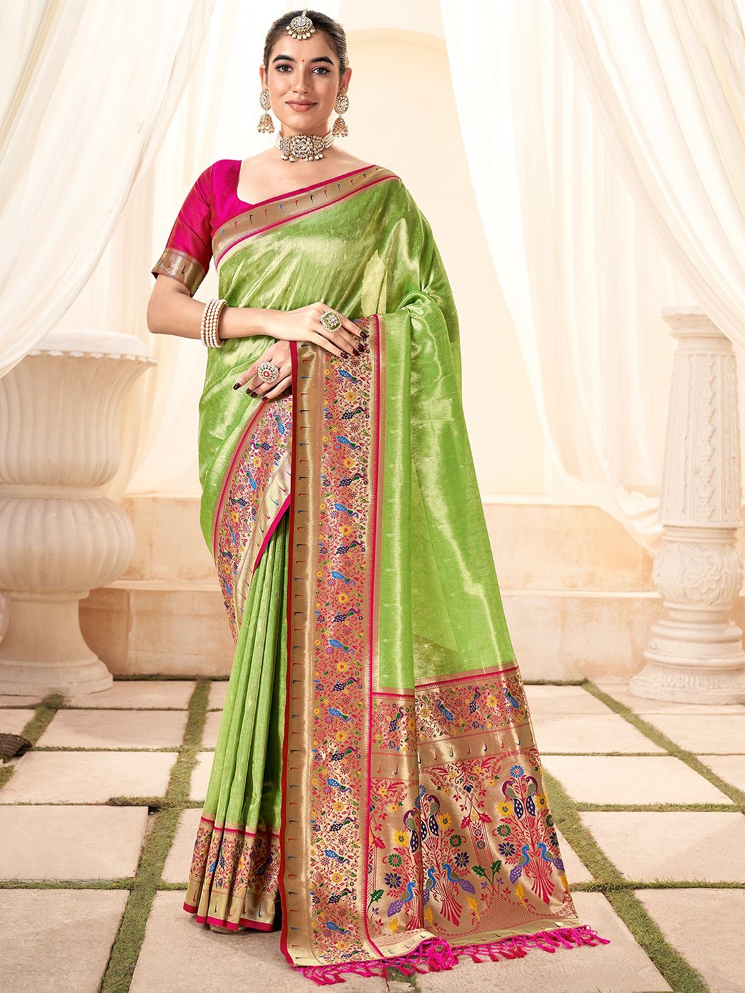 

Mitera Zari Woven Tissue Paithani Saree, Green