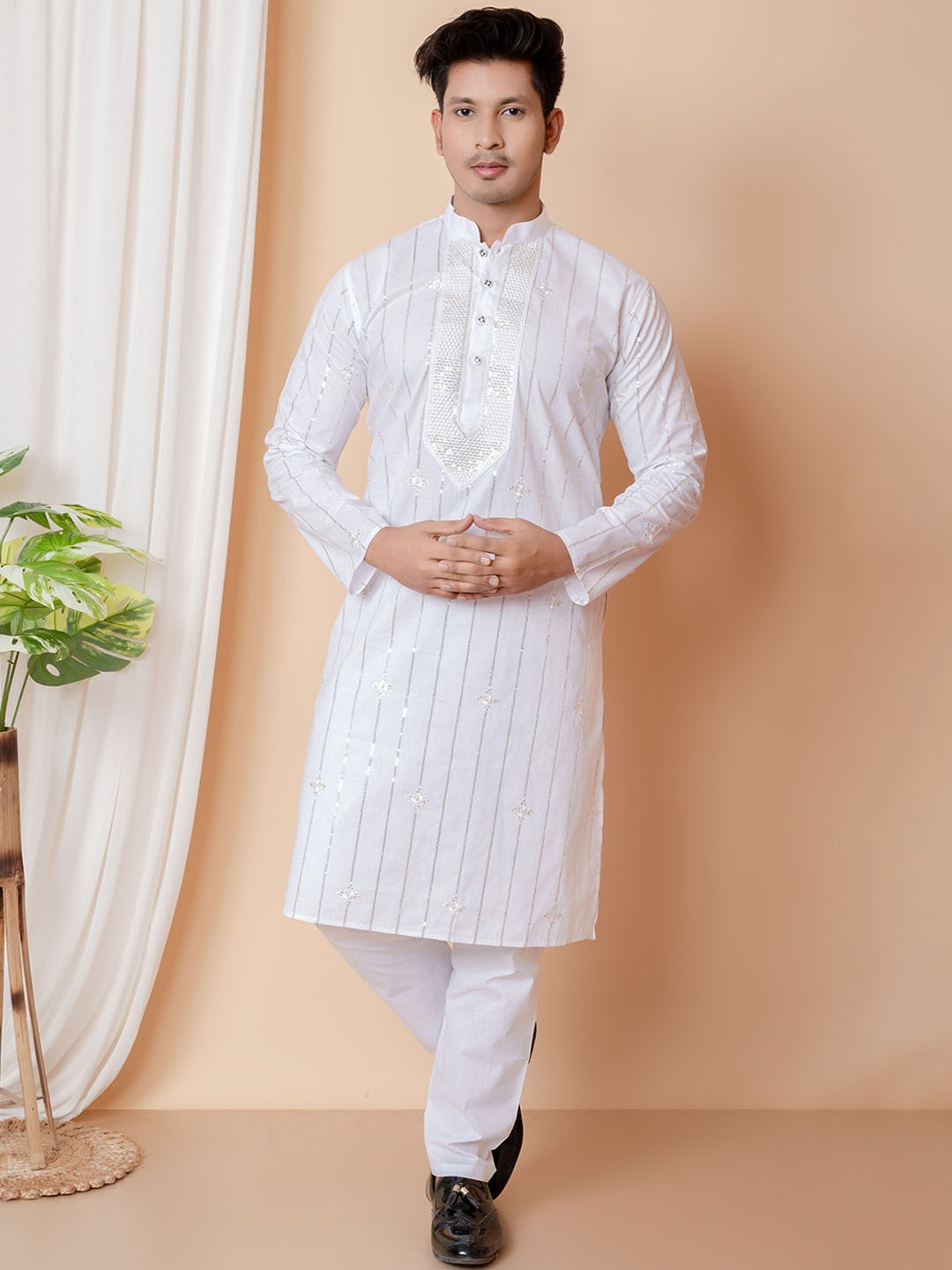 

BAESD Striped Embroidered Sequinned Mandarin Collar Regular Kurta with Pyjamas, White