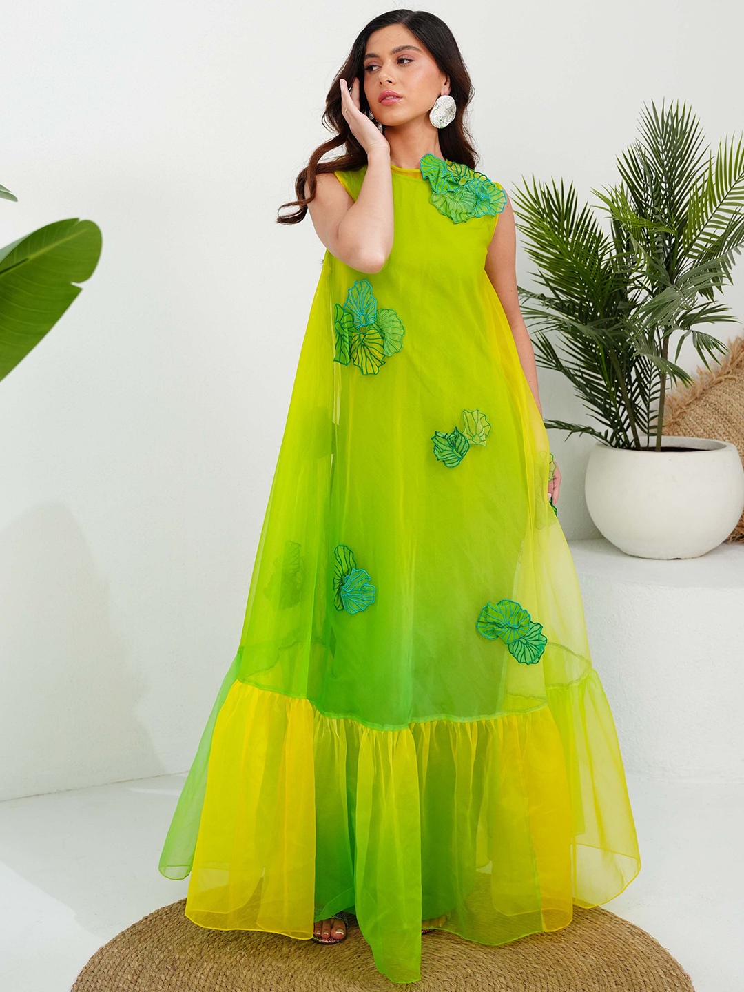 

Vidhi Wadhwani Women Floral Applique Sleeveless Net A-Line Maxi Dress, Yellow