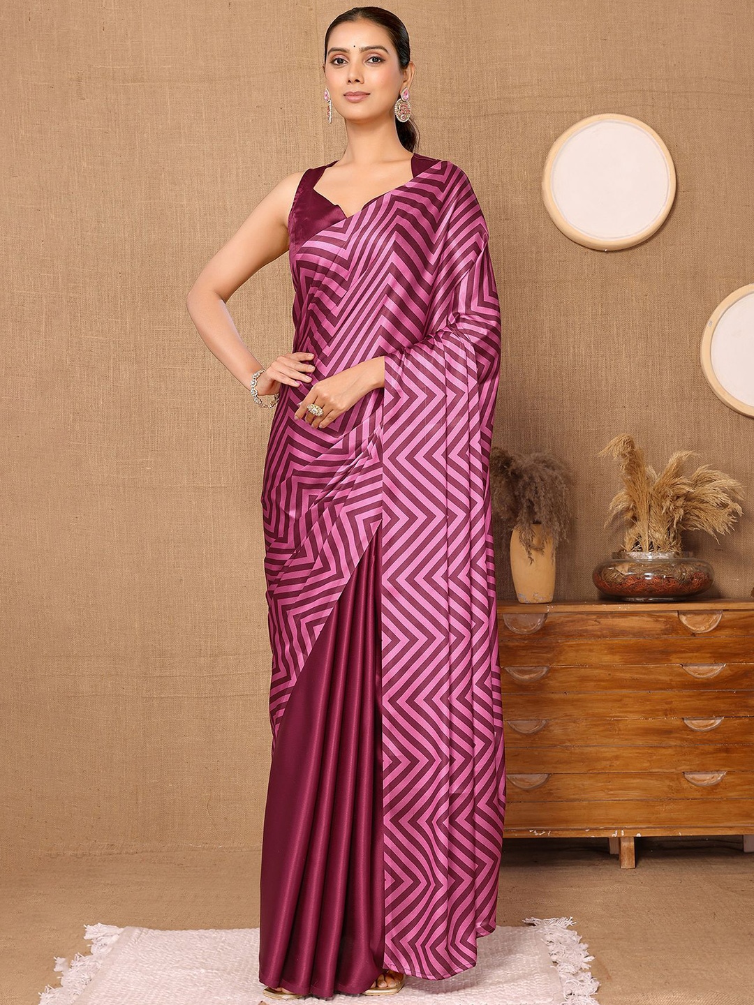 

HERE&NOW Striped Satin Ready to Wear Saree, Maroon