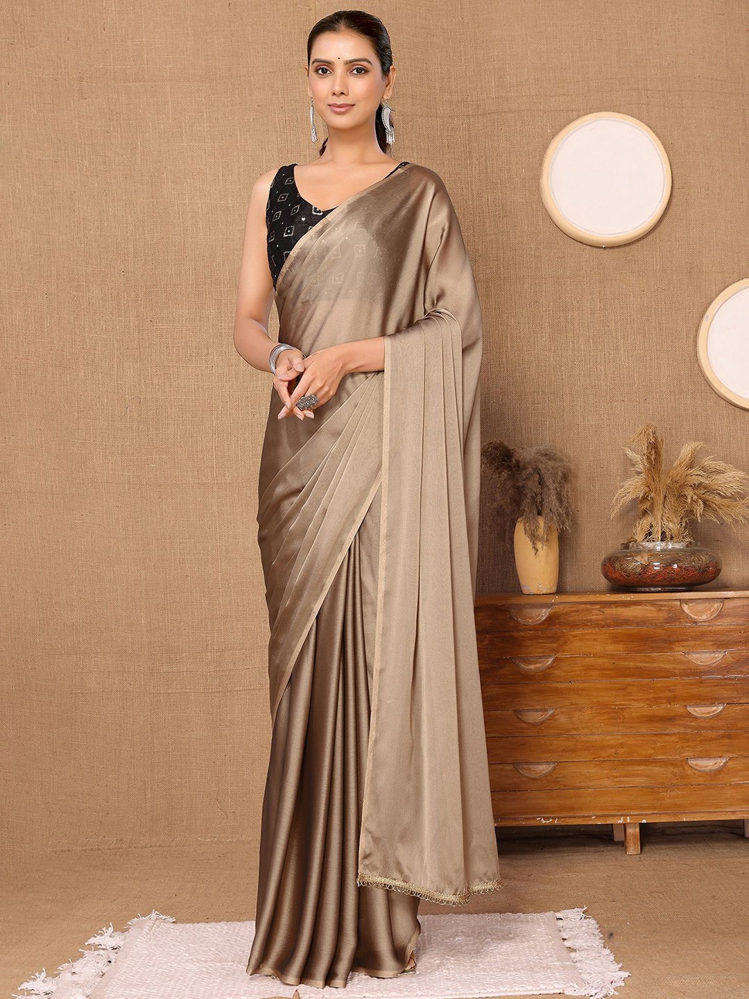 

HERE&NOW Solid Ready to Wear Saree, Beige