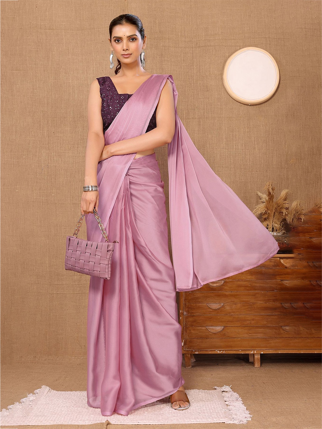 

HERE&NOW Embroidered Ready to Wear Saree, Pink