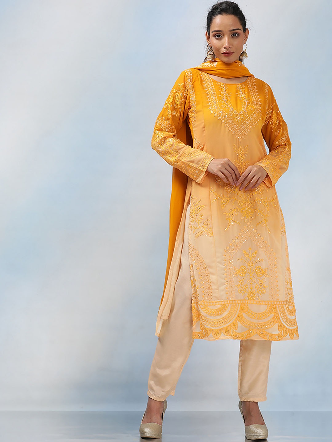 

MAHALASA Floral Embroidered Sequinned Net Straight Kurta With Trousers & Dupatta, Mustard