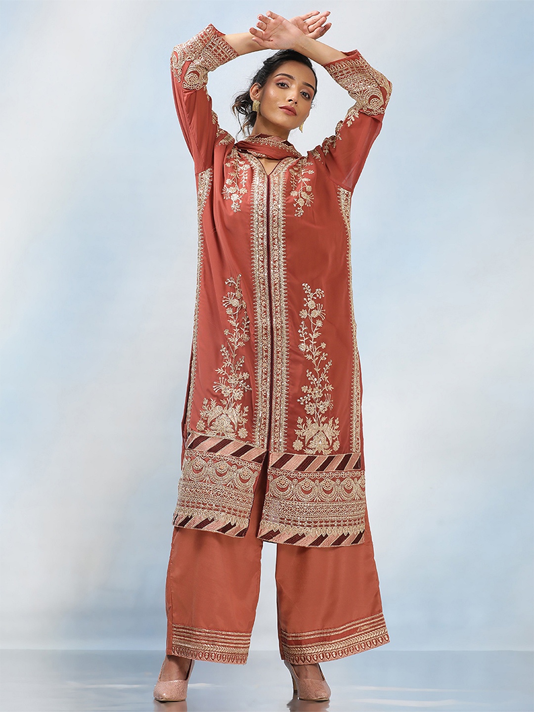 

MAHALASA Ethnic Motifs Embroidered Unstitched Dress Material, Brown