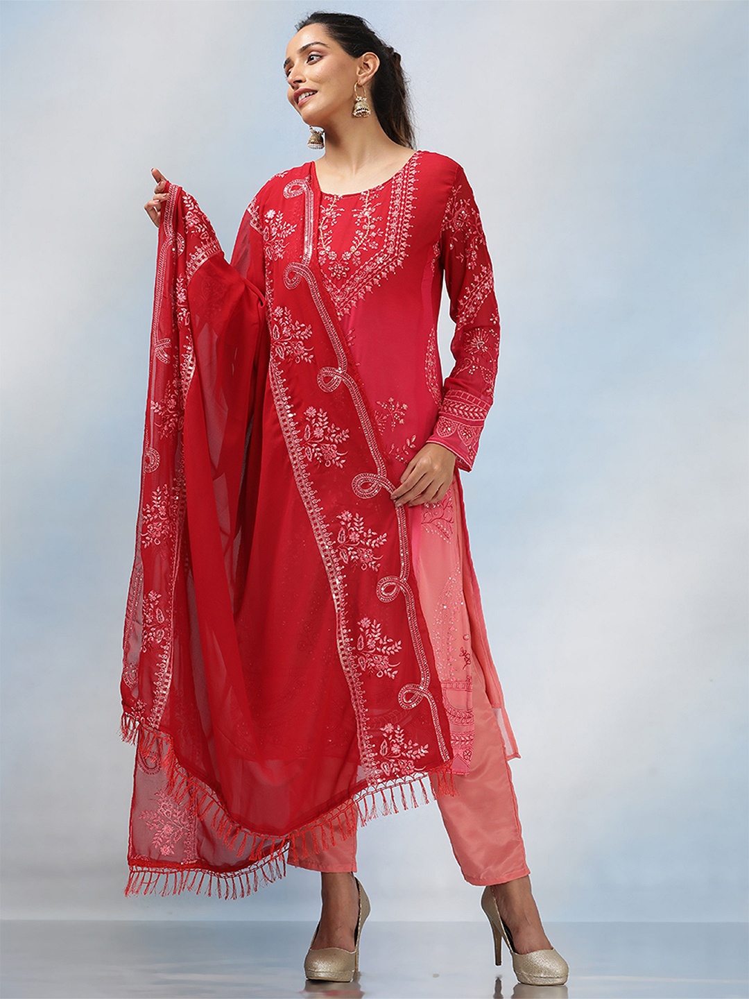 

MAHALASA Ethnic Motifs Embroidered Unstitched Dress Material, Red