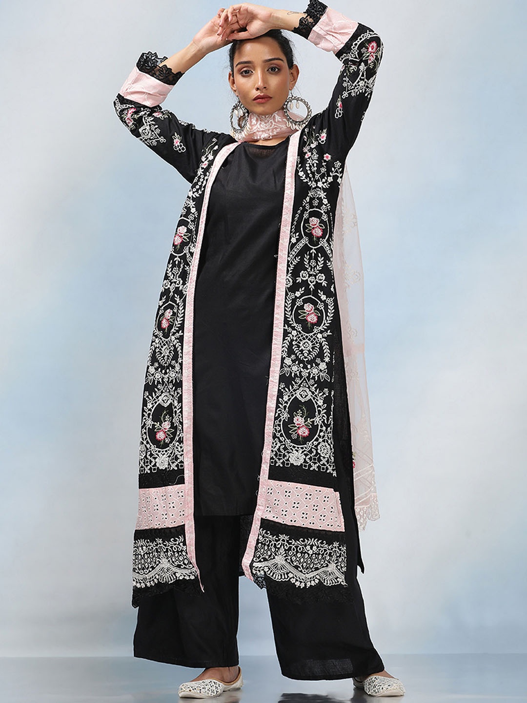 

MAHALASA Ethnic Motifs Embroidered Thread Work Net Straight Kurta With Palazzos & Dupatta, Black