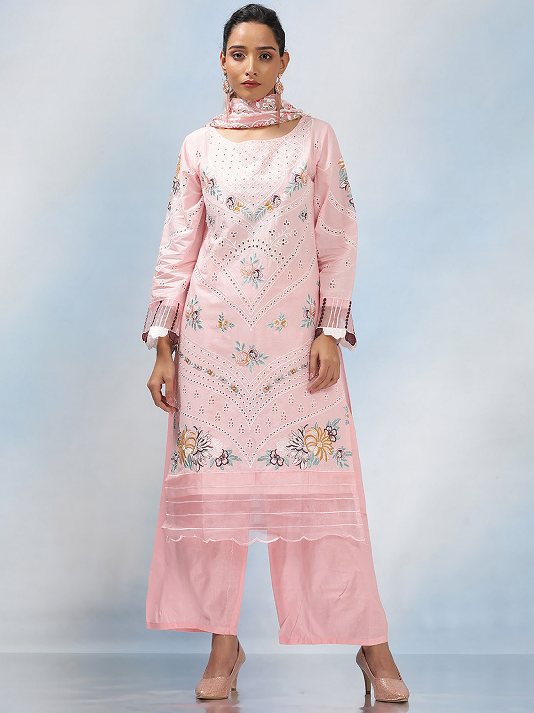 

MAHALASA Ethnic Motifs Embroidered Gotta Patti Net Straight Kurta With Palazzos & Dupatta, Peach